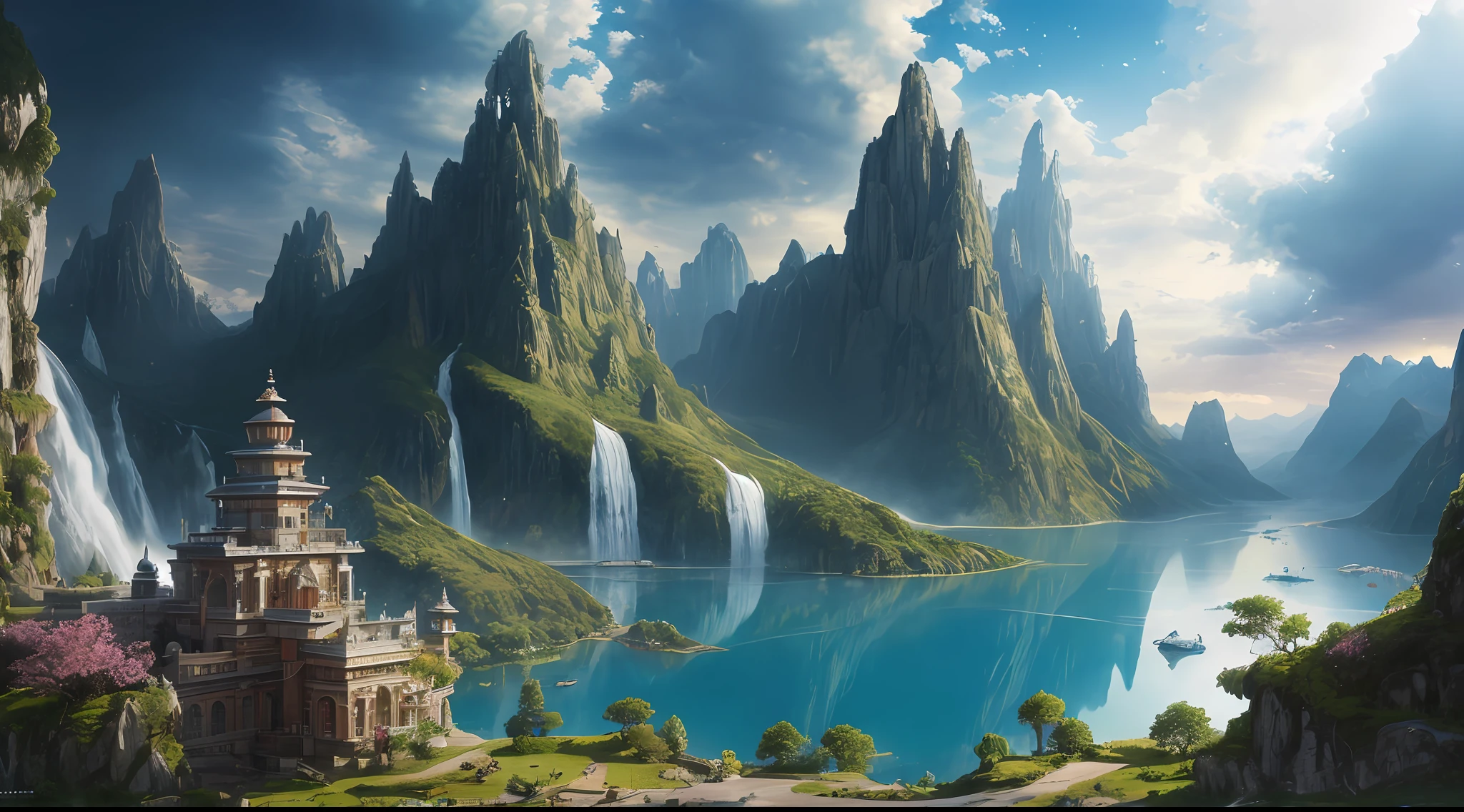 masterpiece, best quality, high quality, extremely detailed CG unity 8k wallpaper, scenery, outdoors, sky, cloud, day, no humans, mountain, landscape, water, tree, blue sky, waterfall, cliff, nature, lake, river, cloudy sky,award winning photography, Bokeh, Depth of Field, HDR, bloom, Chromatic Aberration ,Photorealistic,extremely detailed, trending on artstation, trending on CGsociety, Intricate, High Detail, dramatic, art by midjourney