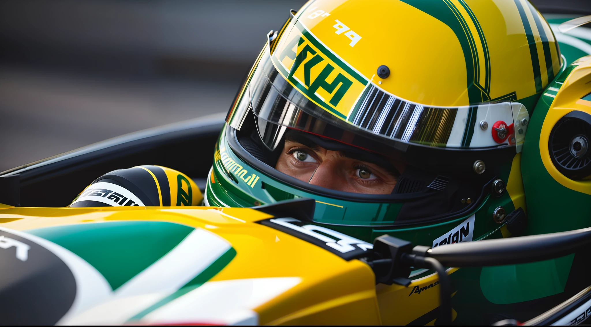 Ayrton Senna in a racing car with a helmet on, mid shot portrait, helmet view, motor sport photography, portrait shot 8 k, close - up portrait shot, sharply focused, helmet on face, f 1, medium shot portrait, inspired by Alonso Vázquez, 4k detail, 4 k detail, mid-shot, mid - shot