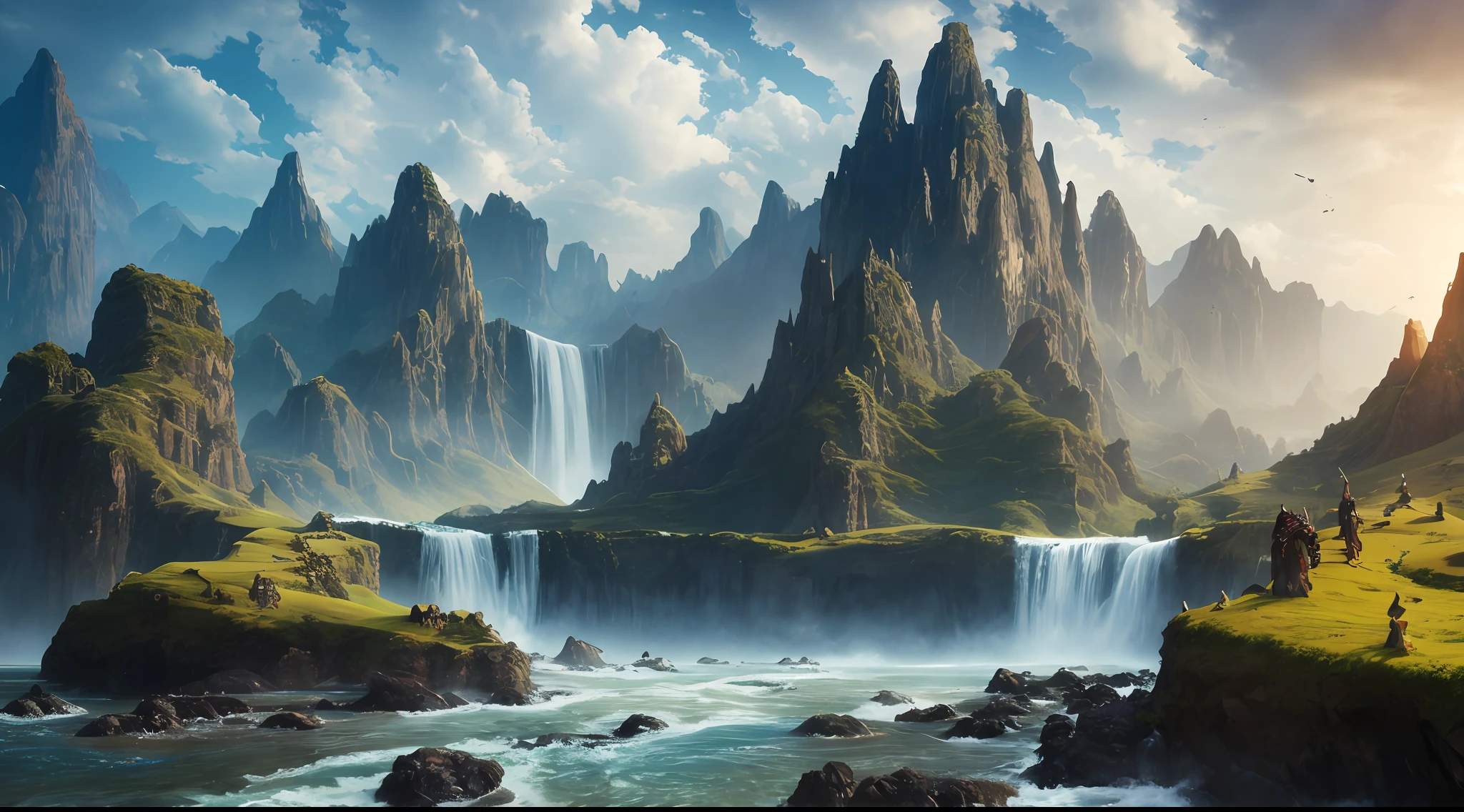 masterpiece, best quality, high quality, extremely detailed CG unity 8k wallpaper, scenery, outdoors, sky, cloud, day, no humans, mountain, landscape, water, tree, blue sky, waterfall, cliff, nature, lake, river, cloudy sky,award winning photography, Bokeh, Depth of Field, HDR, bloom, Chromatic Aberration ,Photorealistic,extremely detailed, trending on artstation, trending on CGsociety, Intricate, High Detail, dramatic, art by midjourney