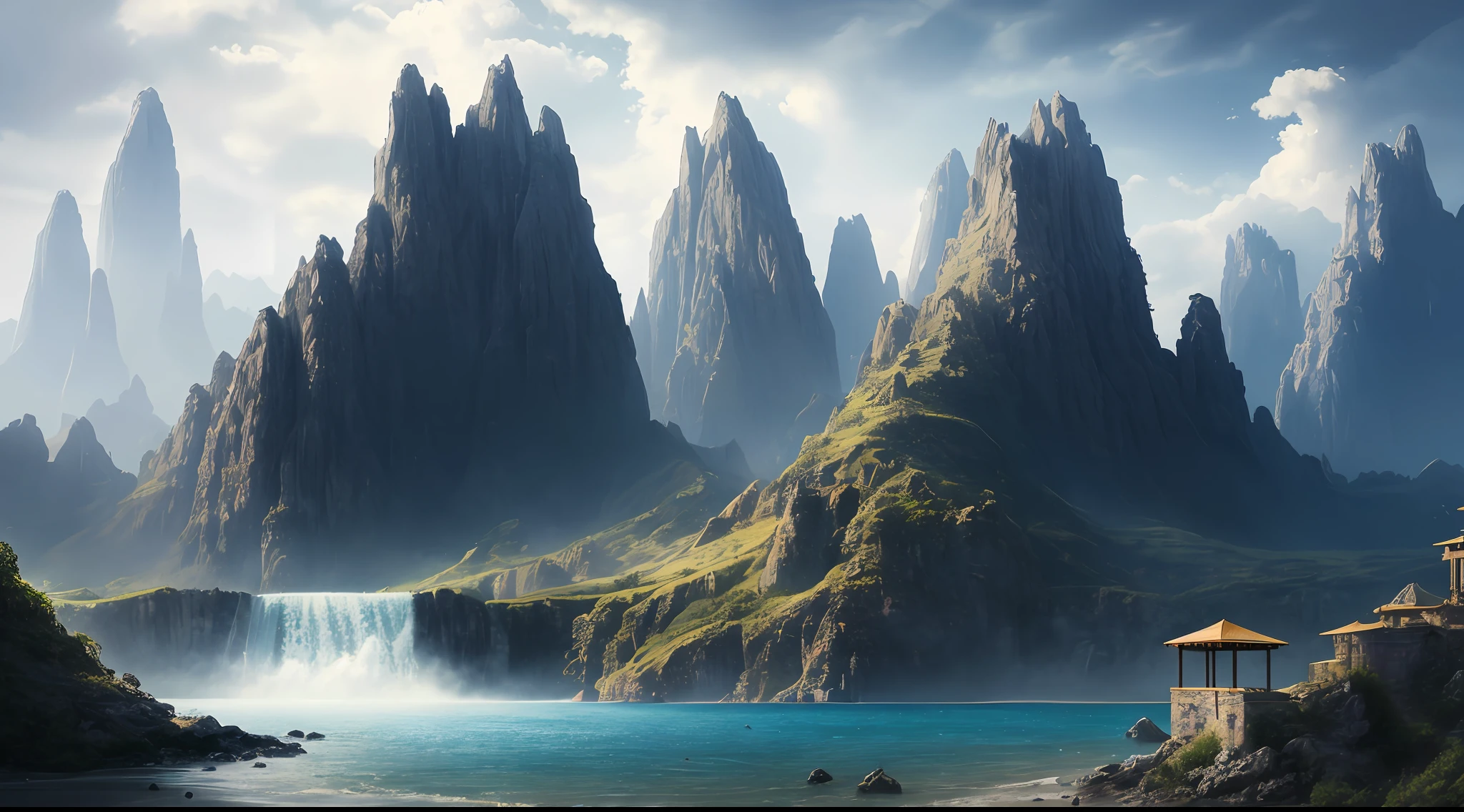 masterpiece, best quality, high quality, extremely detailed CG unity 8k wallpaper, scenery, outdoors, sky, cloud, day, no humans, mountain, landscape, water, tree, blue sky, waterfall, cliff, nature, lake, river, cloudy sky,award winning photography, Bokeh, Depth of Field, HDR, bloom, Chromatic Aberration ,Photorealistic,extremely detailed, trending on artstation, trending on CGsociety, Intricate, High Detail, dramatic, art by midjourney