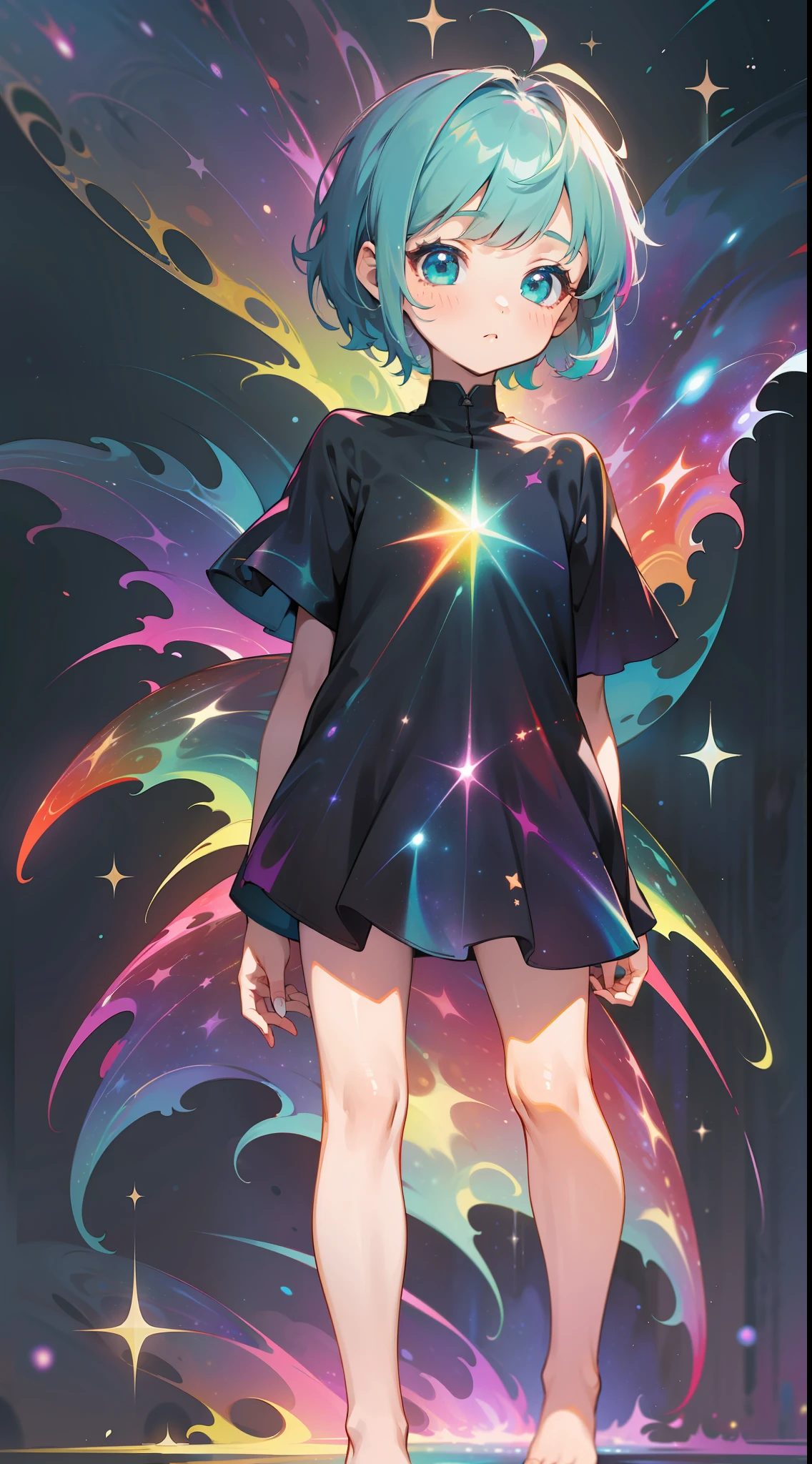 a little girl, wildly rainbow colored short hair, dark fantasy, teal simple and short dress, barefoot, standing, cosmic nebula background, stars, galaxies