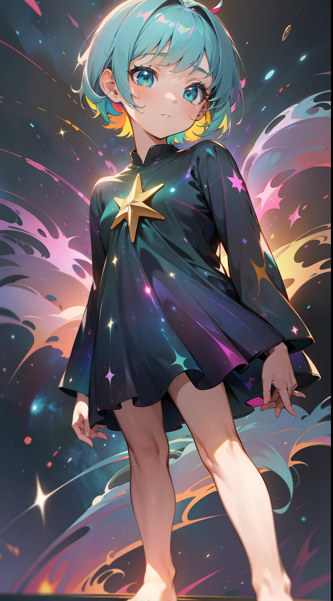 a little girl, wildly rainbow colored short hair, dark fantasy, teal simple and short dress, barefoot, standing, cosmic nebula background, stars, galaxies
