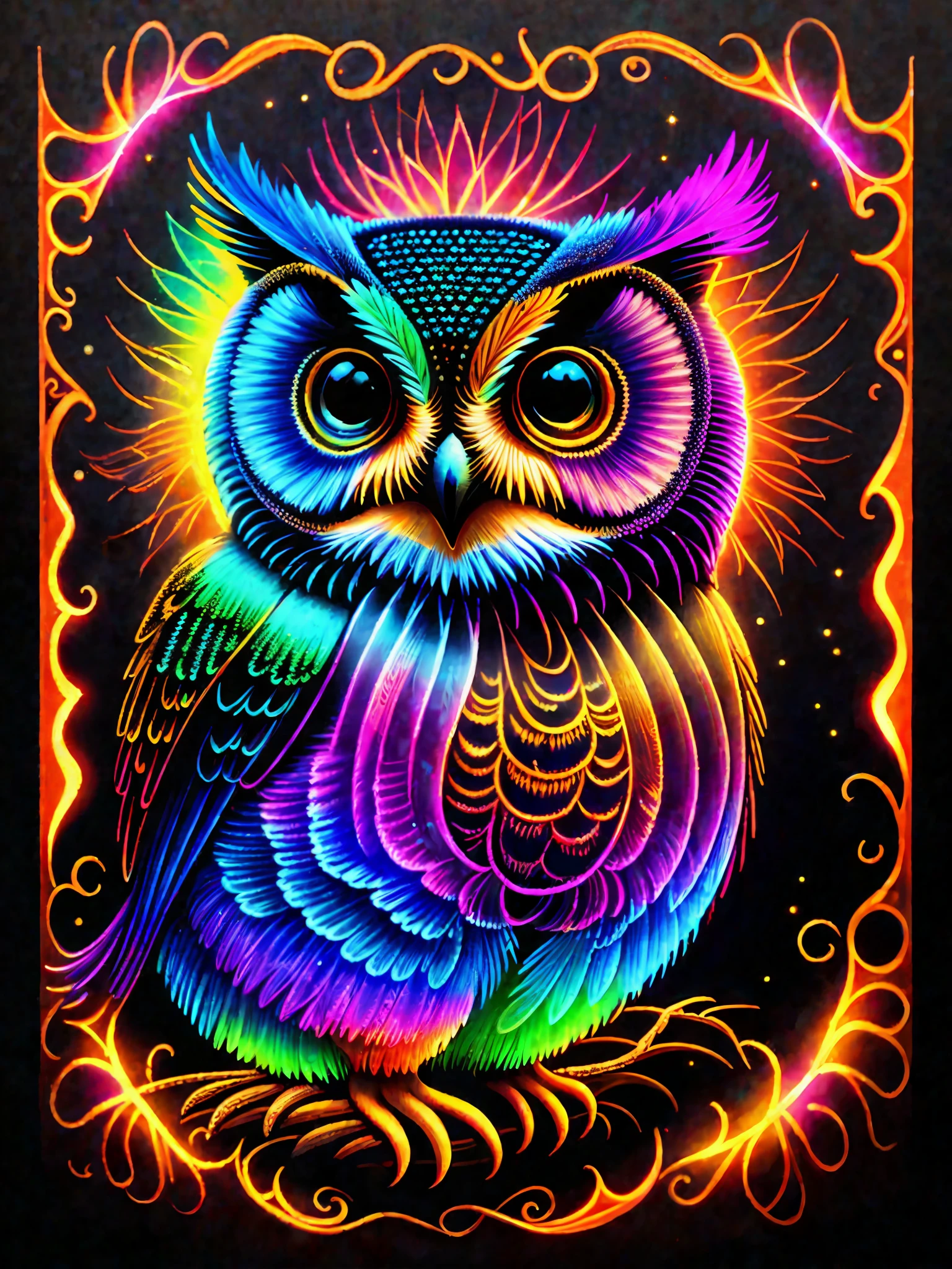 a painting of a colorful owl on a black background,, breathtaking rendering, within a radiant connection, inspired by Kinuko Y. Craft,, magical elements, kitten icon, wow, is beautiful, casting a multi colorful spell, bright flash, flash