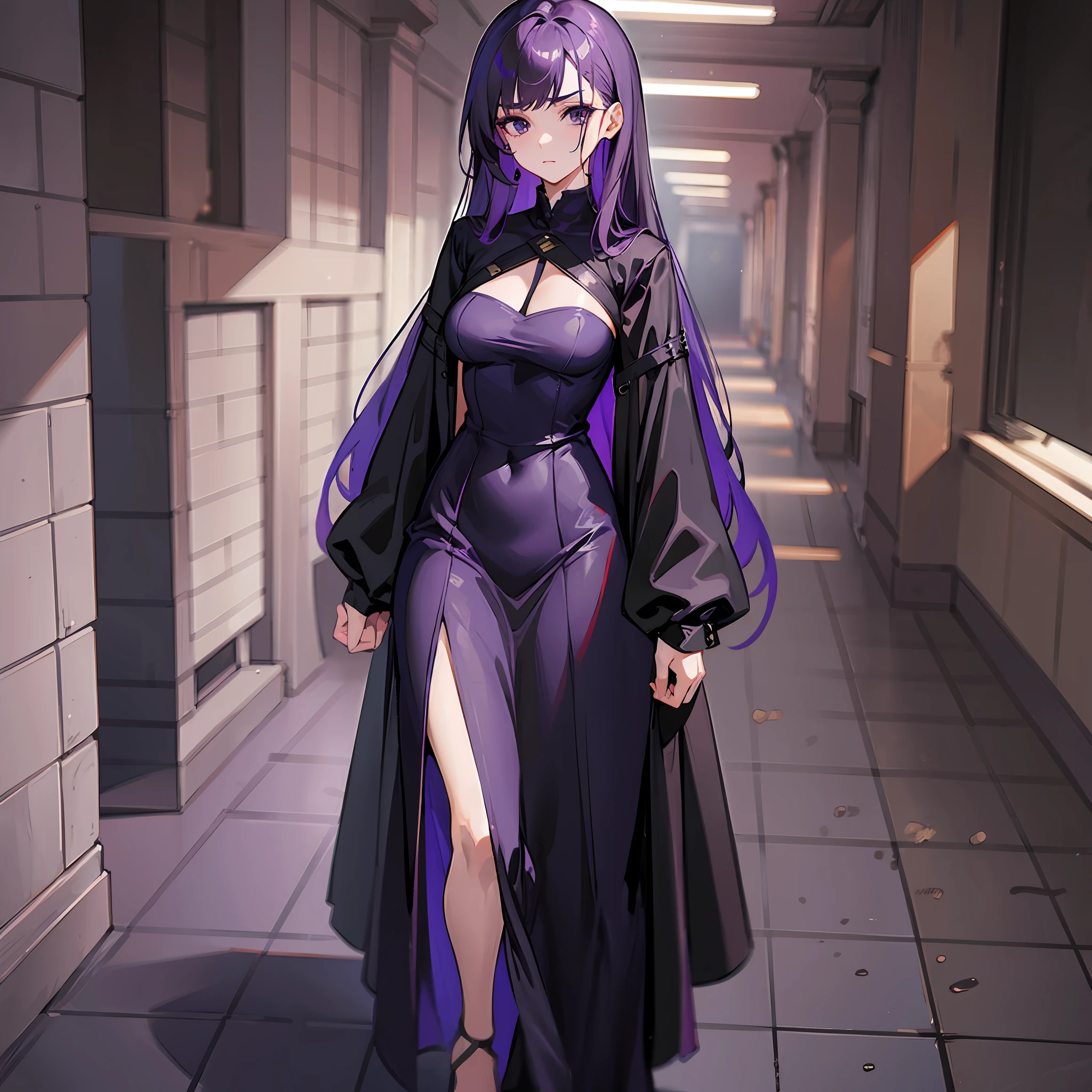 Woman, mysterious, purple hair, black eyes, gloomy look, adult, long dress, inside a school, serious look