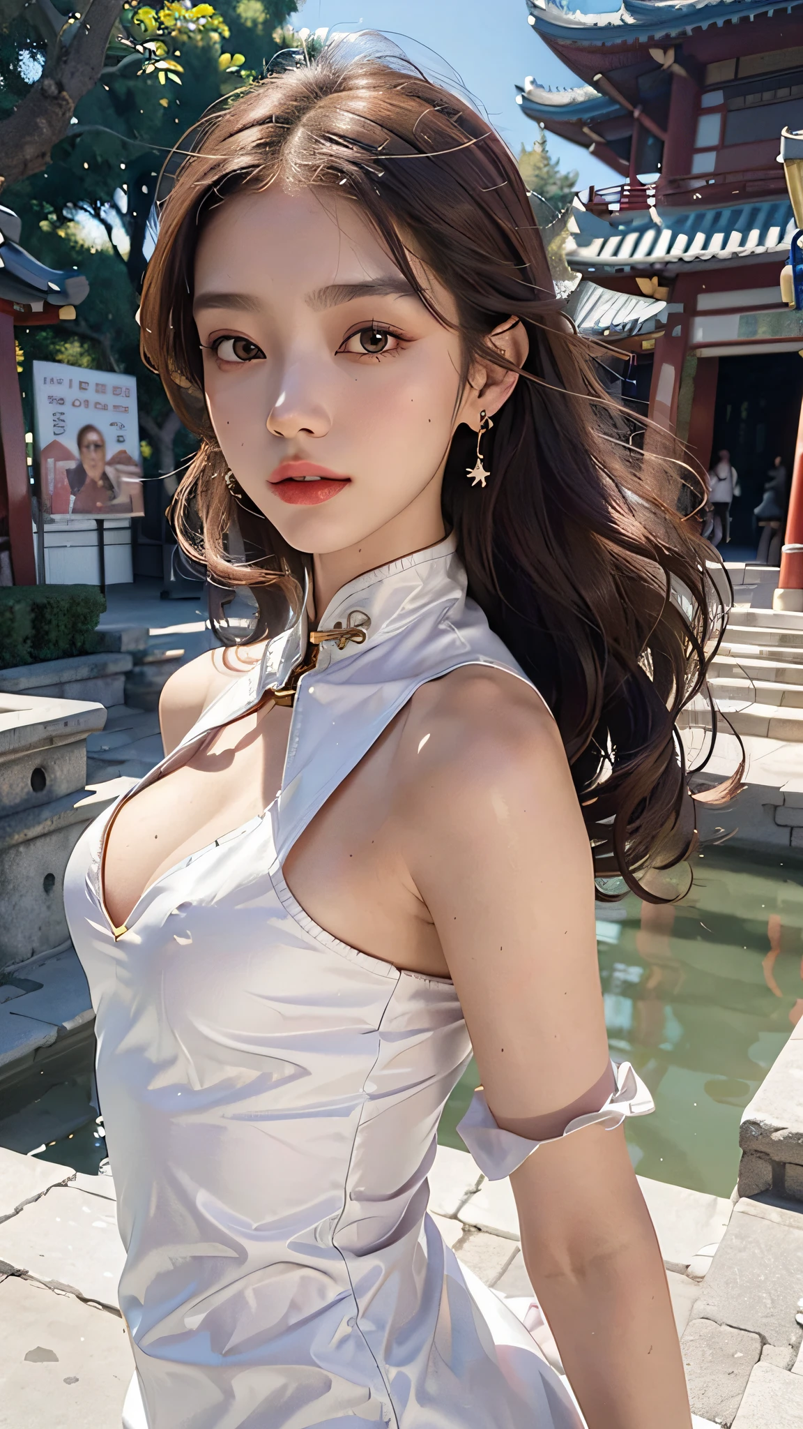 (Best Quality: 1.3, Masterpiece: 1.3), Ultra HD, (1girl, solo), atmospheric perspective, fine face, upper body, makeup, pink lips, cleft lips, shiny skin, (brown hair), extra long hair, looking in front of the audience, red eyes, earrings, small breasts, slim figure, (white silk), (((East Asian architecture, riverside, beautiful background))), perfect lighting, (frontal lighting), physical base rendering,