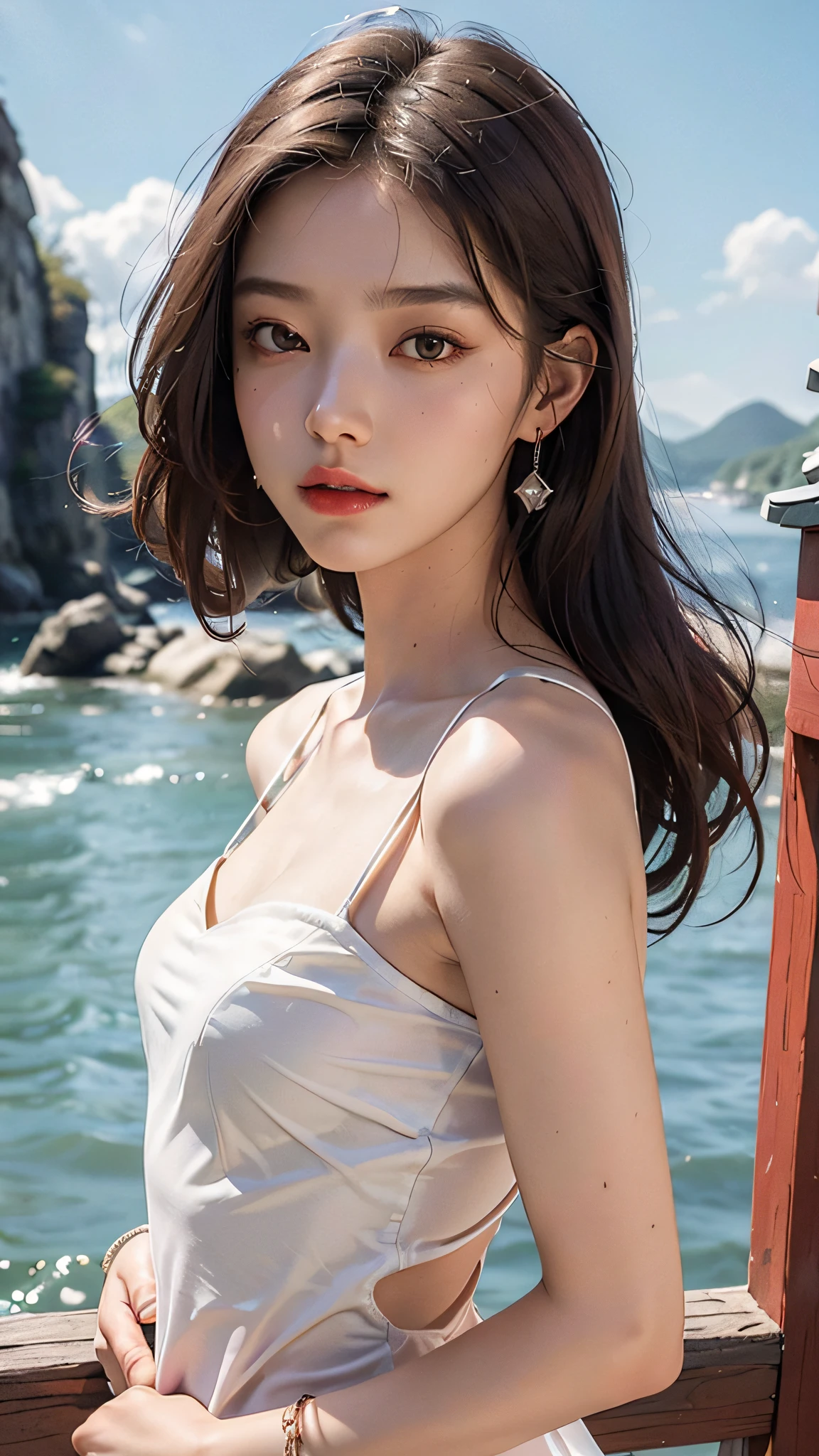 (Best Quality: 1.3, Masterpiece: 1.3), Ultra HD, (1girl, solo), atmospheric perspective, fine face, upper body, makeup, pink lips, cleft lips, shiny skin, (brown hair), extra long hair, looking in front of the audience, red eyes, earrings, small breasts, slim figure, (white silk), (((East Asian architecture, riverside, beautiful background))), perfect lighting, (frontal lighting), physical base rendering,