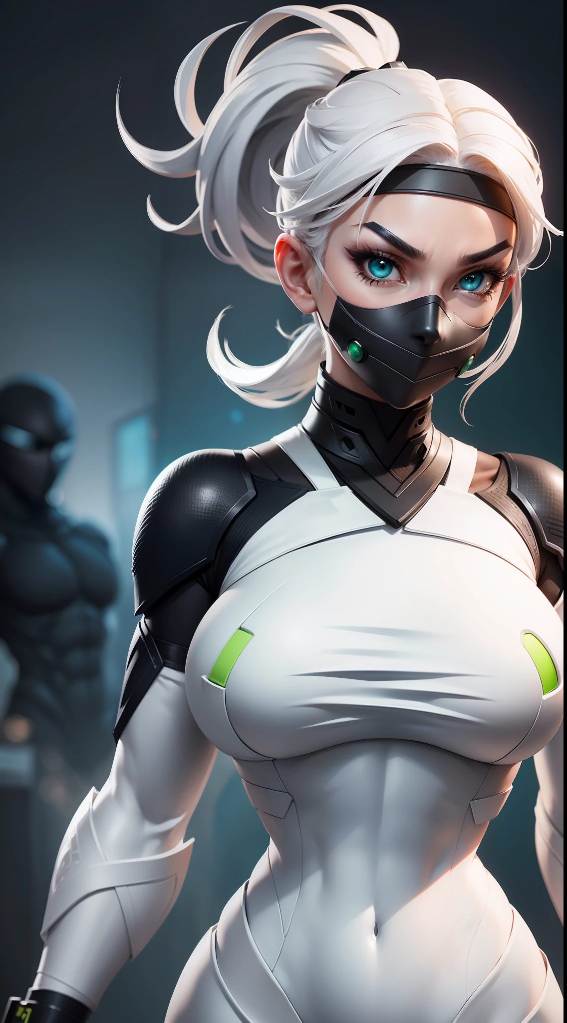 ninja, white ninja suit, pretty face, serious face, white hair, green eyes, perfect body, fit body, big breasts, muscular, black mouth mask, bokeh, UHD, side lighting,
