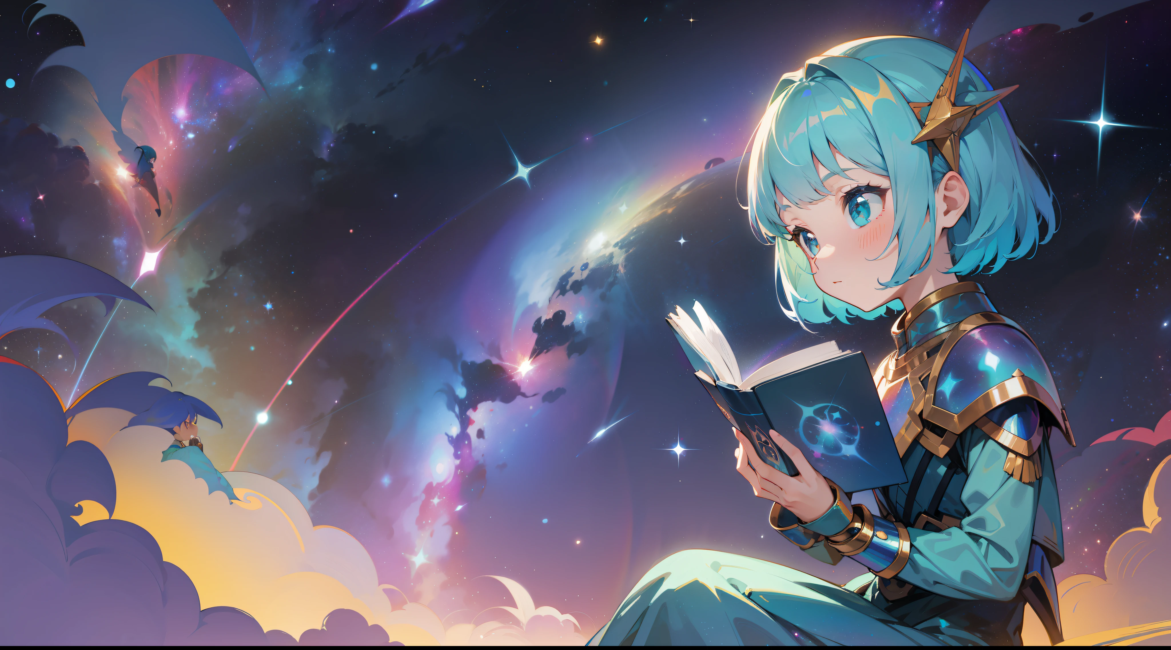 a little girl with rainbow colored hair and teal dress armor, sitting in the stars and reading a colored shining book, rainbow colored cosmic nebula sky background, stars, galaxies