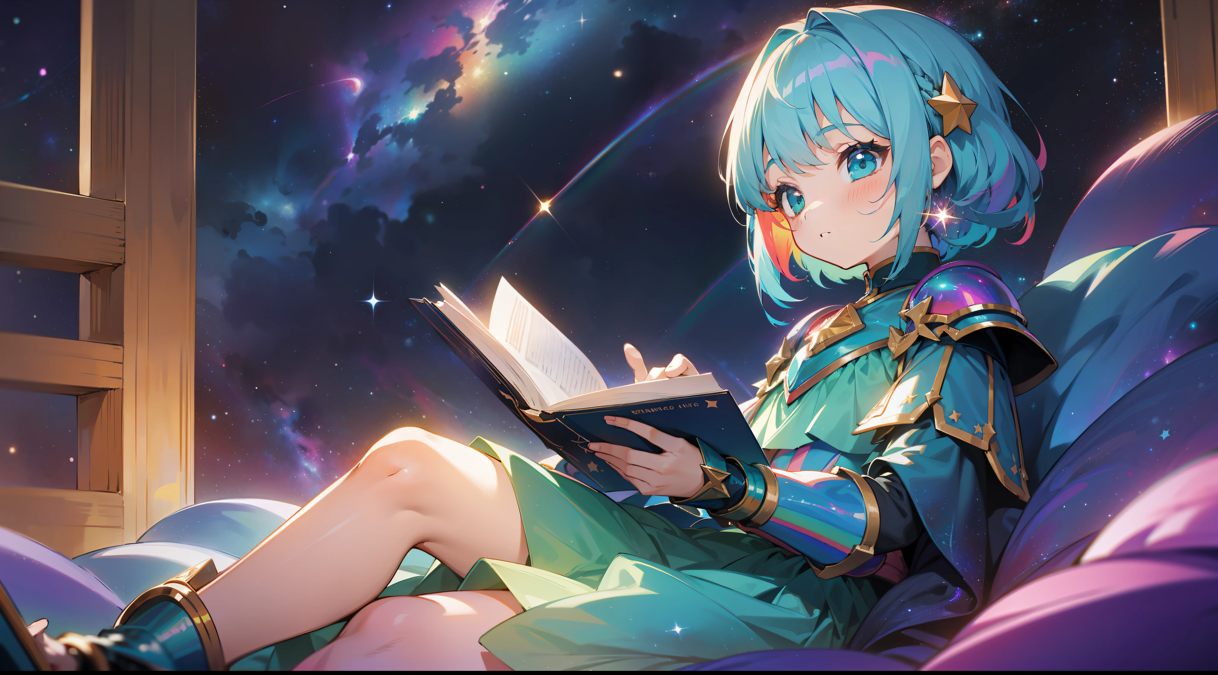 a little girl with rainbow colored hair and teal dress armor, sitting in the stars and reading a colored shining book, rainbow colored cosmic nebula sky background, stars, galaxies