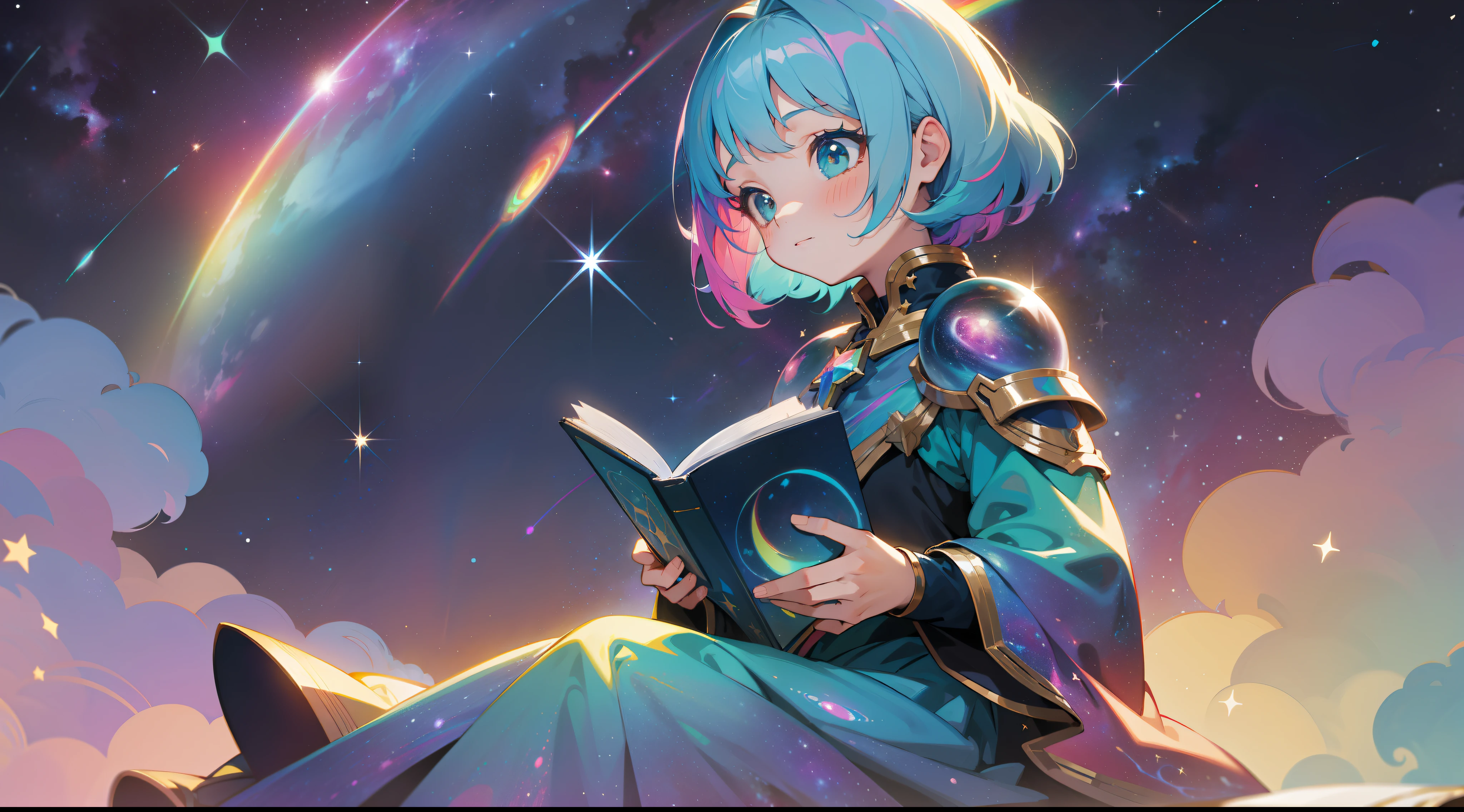 a little girl with rainbow colored hair and teal dress armor, sitting in the stars and reading a colored shining book, rainbow colored cosmic nebula sky background, stars, galaxies