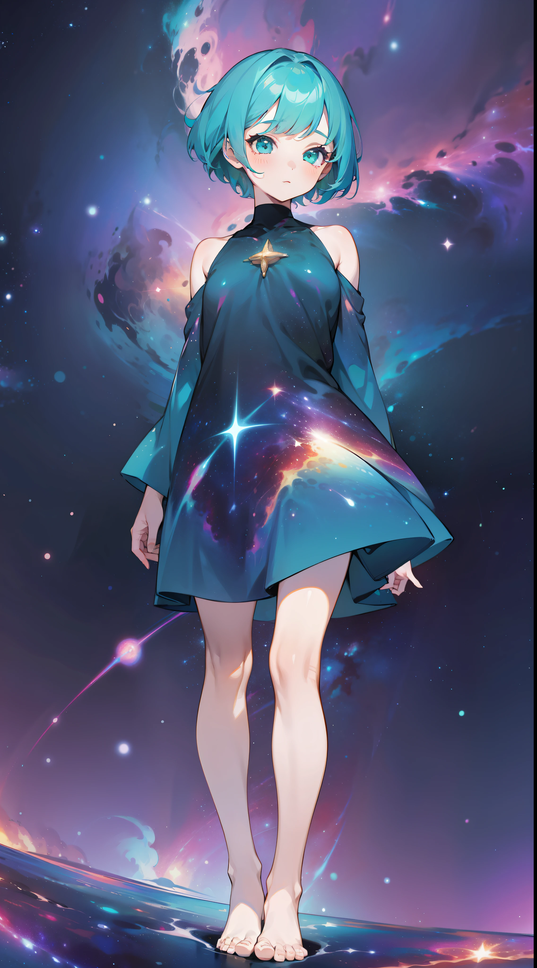 a girl, wildly colored short hair, dark fantasy, teal simple and short dress, barefoot, standing, cosmic nebula background, stars, galaxies