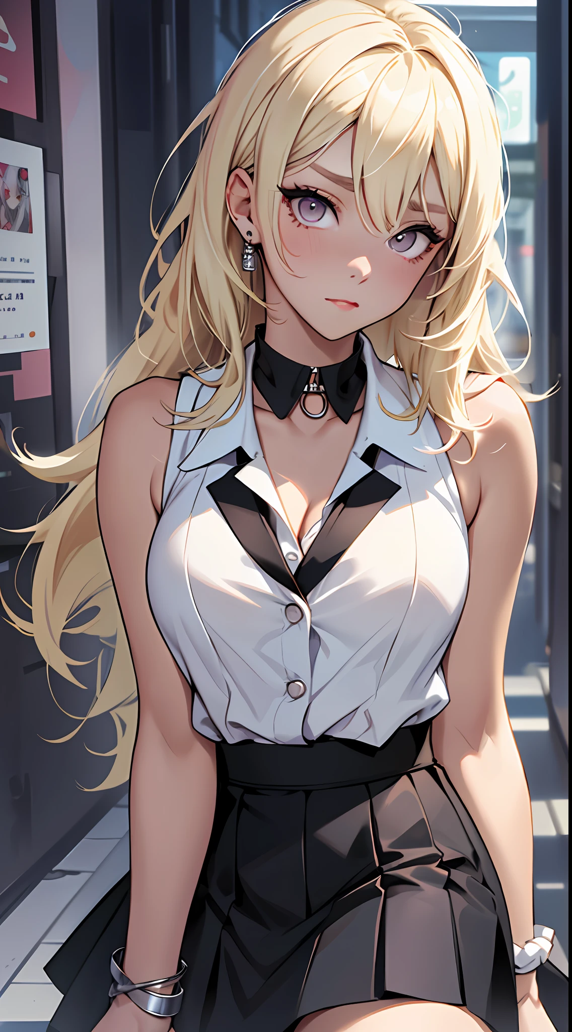 best quality, ultra high res, 1girl, sleeveless white button shirt, black skirt, black choker, cute, (Kpop idol), (aegyo sal:1), (platinum blonde hair:1), ((puffy eyes)), looking at viewer, full body, facing front