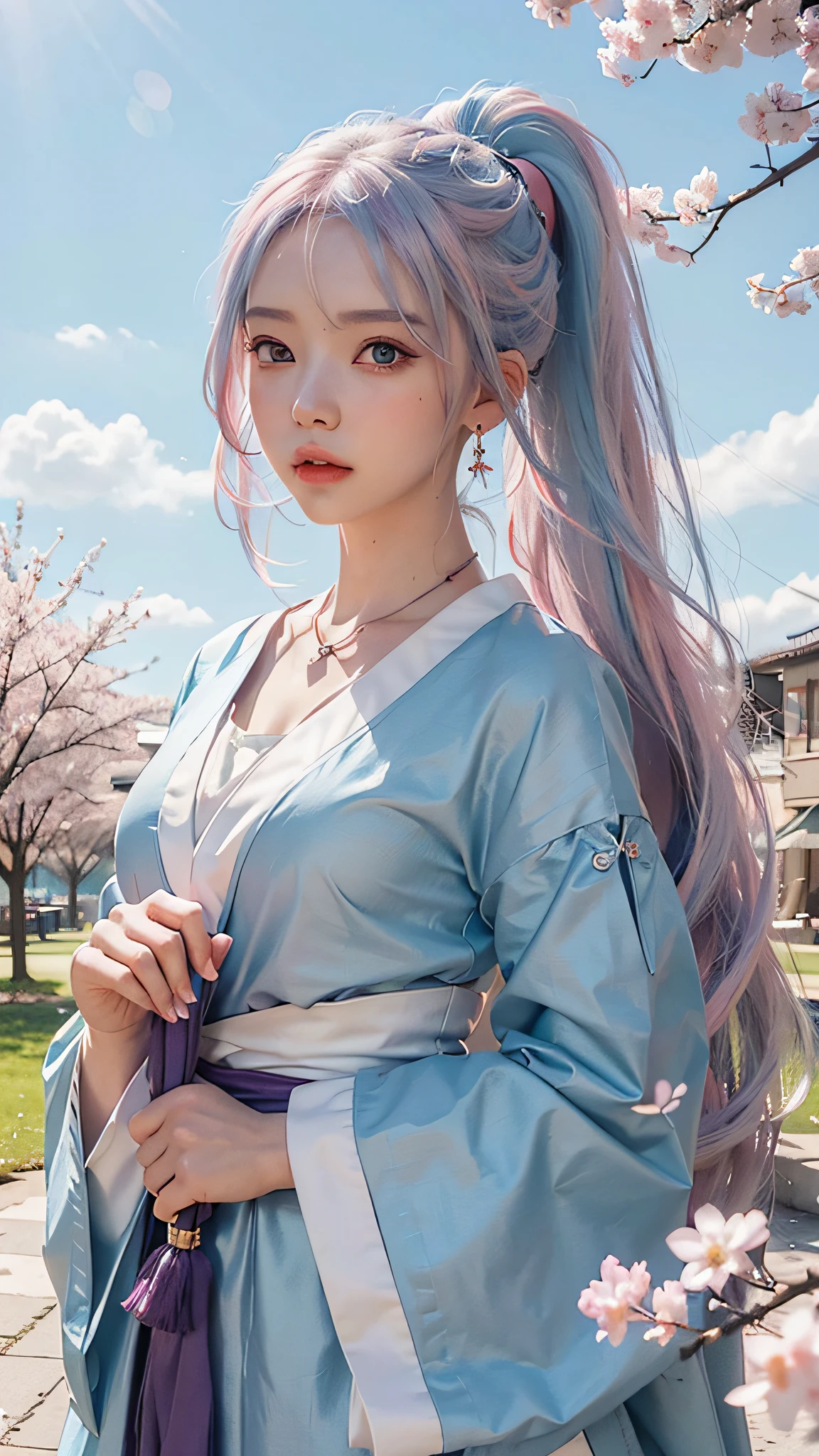 Anime girl with white hair and blue eyes holding a red umbrella, ((half-body, half-body photo)), white-haired god, Kusart Krenz key art feminization, Onmyoji detailed art, Onmyoji portrait, Best anime 4K Konachan wallpaper, detailed digital anime art, anime goddess, high detail official artwork, detailed anime art, Onmyoji, portrait of female anime hero, chibi style, loli face, high cold beautiful moving, (((colorful hair))), ((half blue half pink hair)), ( Perfect eye painting), bright eyes, necklace, earrings, delicate mouth, delicate nose, delicate makeup, braid ponytail hair, red lips, (purple eyes). Perfect figure, (streamer girl), yellow t-shirt, delicate tassel, expression, ribbon, shyness, lighting effects, pastel, white background, super clear, hd picture, full body portrait, front, happy, (holding fan), cherry blossom tree,