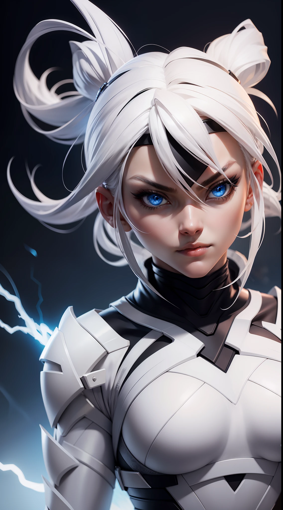 ninja, white ninja suit, pretty face, serious face, white hair, blue eyes with lightning, perfect body, fit body, big breasts, muscular, black mouth mask, bokeh, UHD, side lighting,