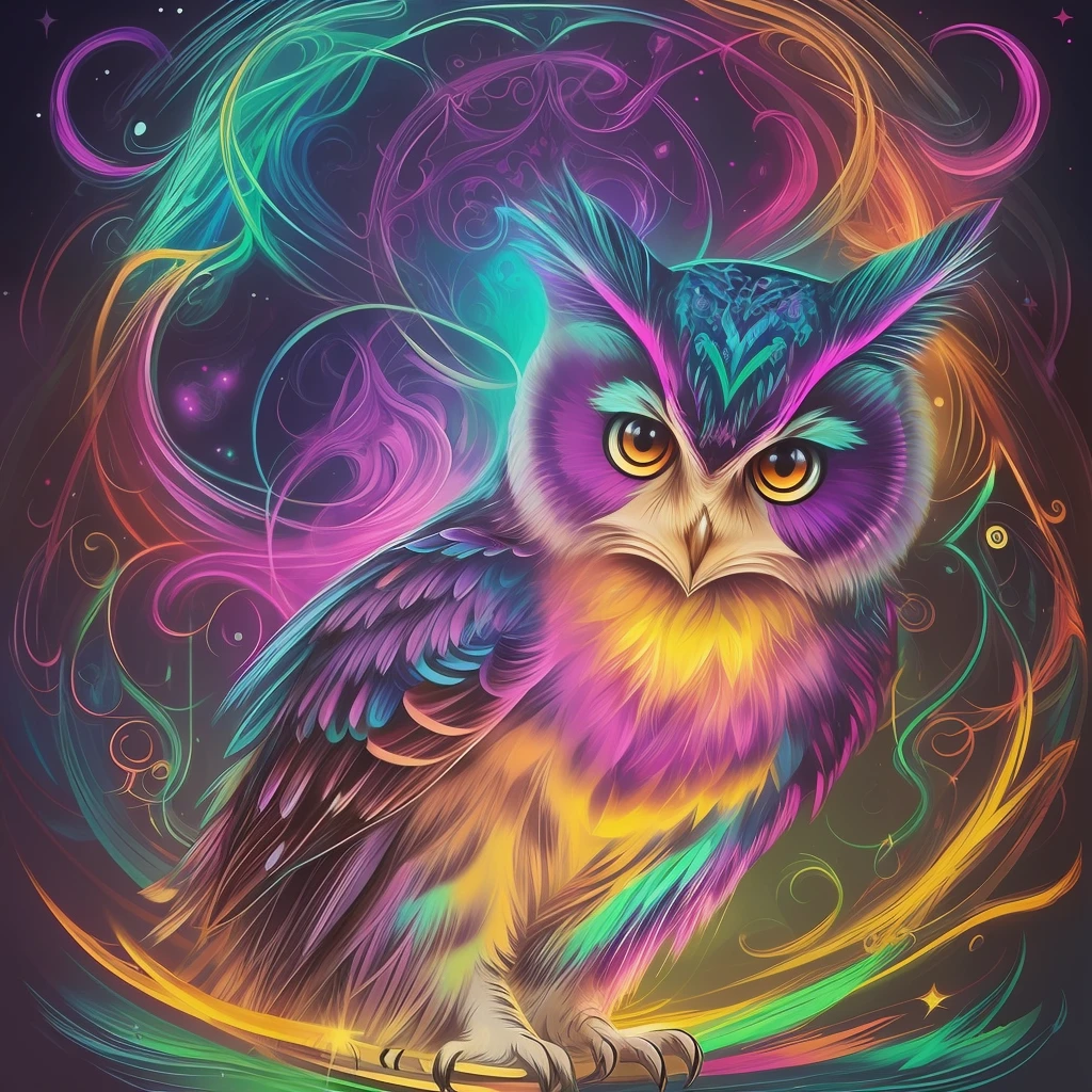 a painting of a colorful owl on a black background,, breathtaking rendering, within a radiant connection, inspired by Kinuko Y. Craft,, magical elements, kitten icon, wow, is beautiful, casting a multi colorful spell, bright flash, flash --auto --s2