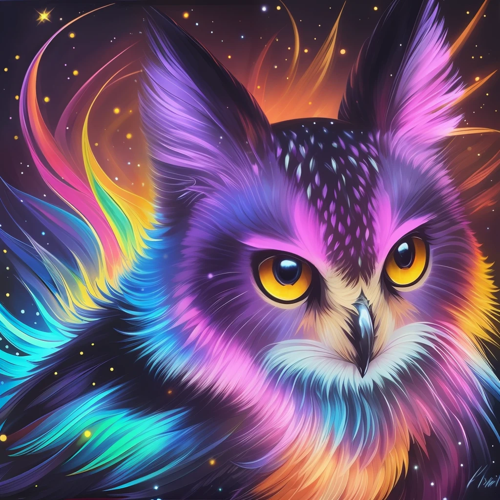 a painting of a colorful owl on a black background,, breathtaking rendering, within a radiant connection, inspired by Kinuko Y. Craft,, magical elements, kitten icon, wow, is beautiful, casting a multi colorful spell, bright flash, flash --auto --s2