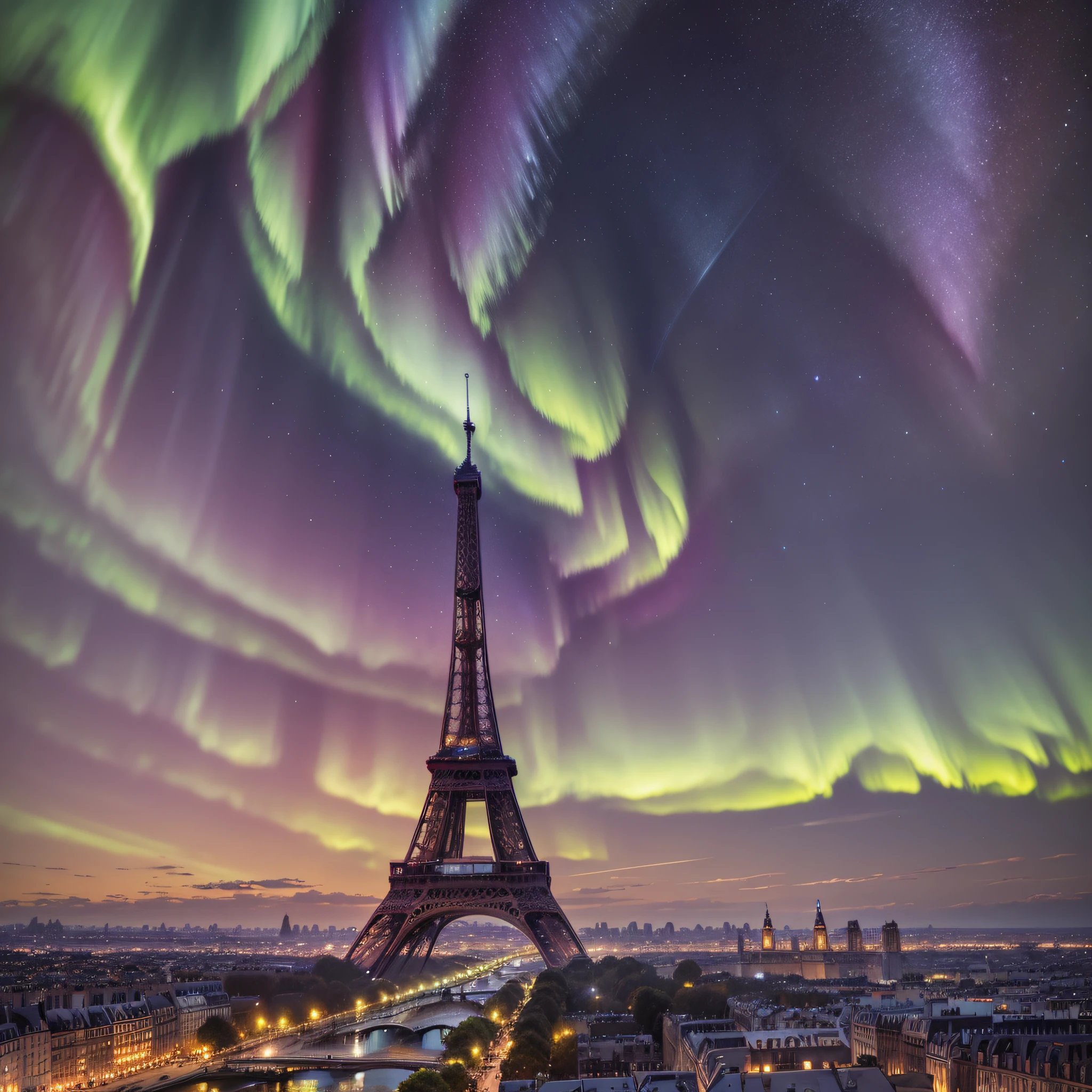 city of paris, with stars in the sky, aurora borealis, Eiffel tower, sky with aurora borealis, realistic, epic, art, art concept, sky with many stars, beautiful sky --auto --s2