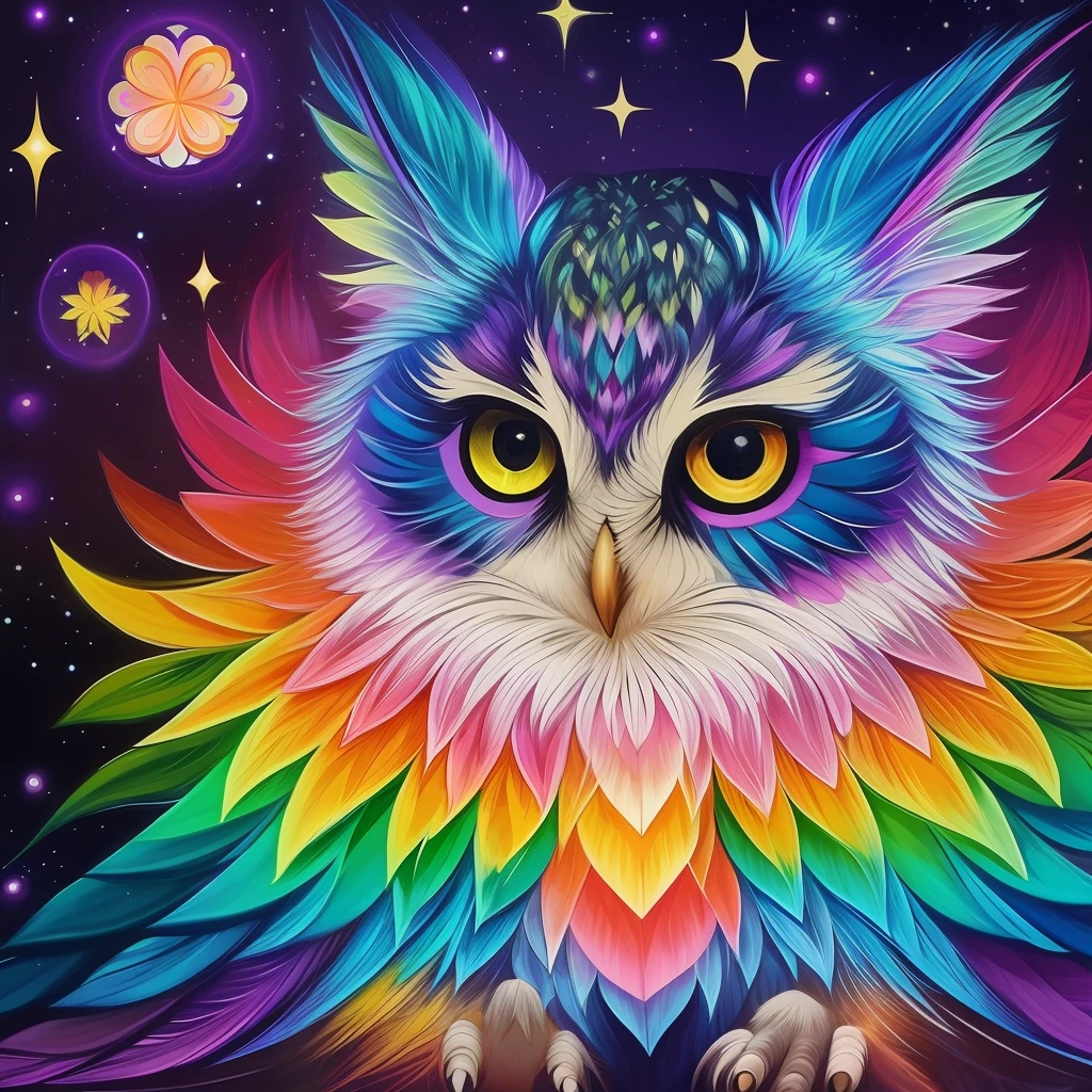 a painting of a colorful owl on a black background,, breathtaking rendering, within a radiant connection, inspired by Kinuko Y. Craft,, magical elements, kitten icon, wow, is beautiful, casting a multi colorful spell, bright flash, flash --auto --s2