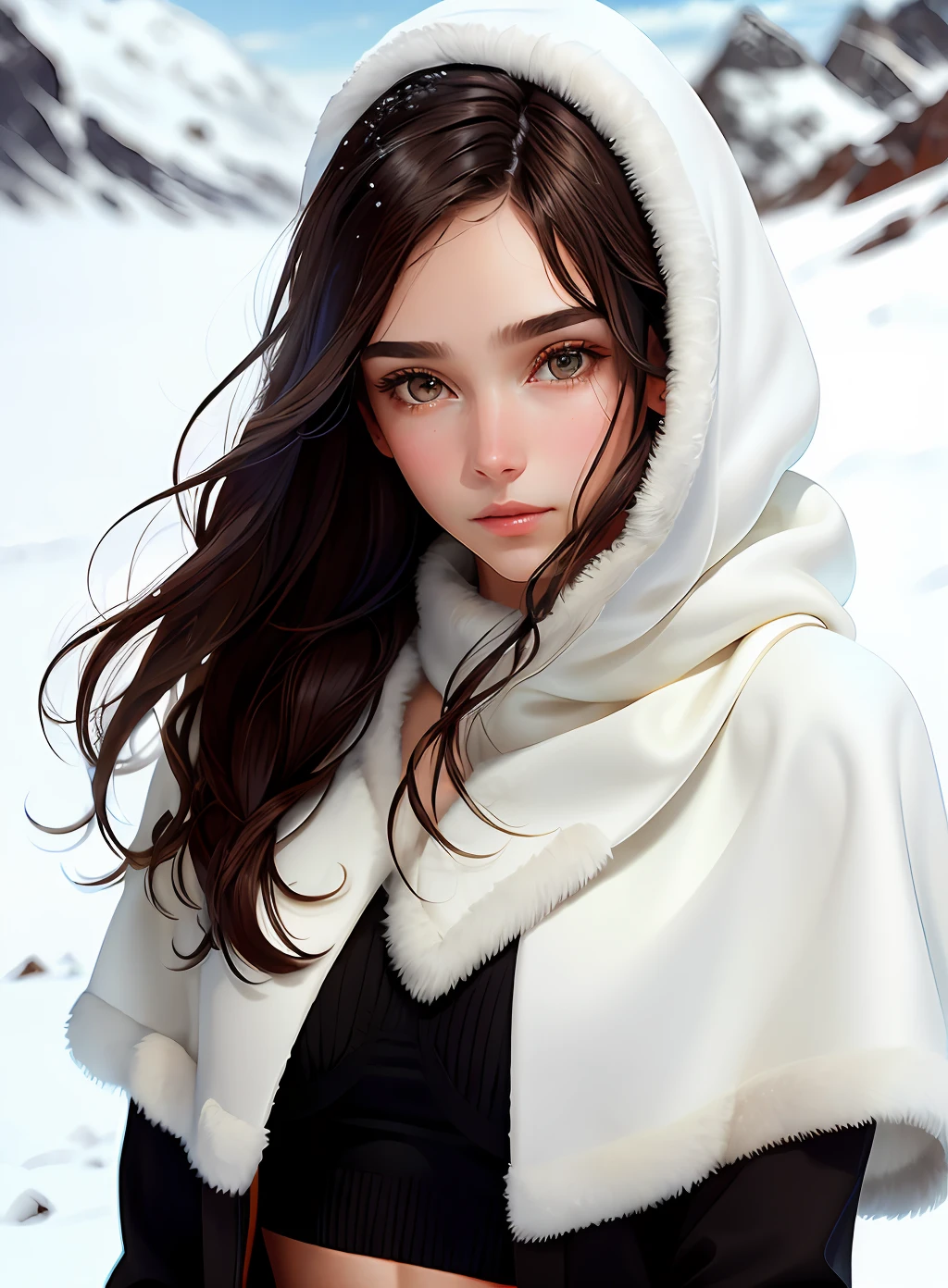 Perfect style beauty: 1.4, slender abs: 1.2, (dark brown hair, small: 1.2)), (natural light, snowy plateau, highly detailed face and skin texture, detailed eyes, double eyelids