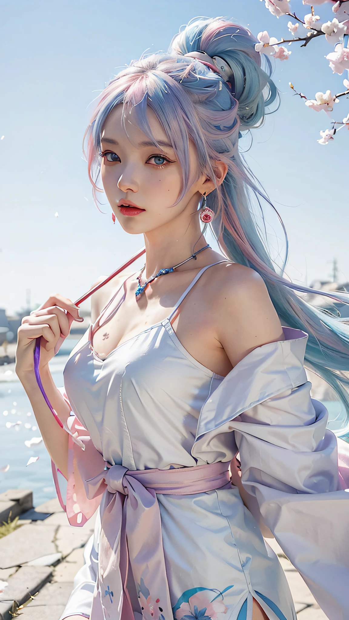 Anime girl with white hair and blue eyes holding a red umbrella, white-haired god, Kusat Krenz key art feminization, Onmyoji detailed art, Onmyoji portrait, Best anime 4K Konachan wallpaper, detailed digital anime art, anime goddess, high detail official artwork, detailed anime art, Onmyoji, portrait of female anime hero, chibi style,  face, high cold beautiful moving, ((((colorful hair))), (((half blue and half pink hair)), (perfect eye painting), bright eyes, Necklace, earrings, delicate mouth, delicate nose, delicate makeup, braid ponytail hair, red lips, (purple eyes). Perfect figure, (streamer girl), yellow t-shirt, delicate tassel, expression, ribbon, shyness, lighting effects, pastel, white background, super clear, hd picture, full body portrait, front, happy, (holding fan), cherry blossom tree,
