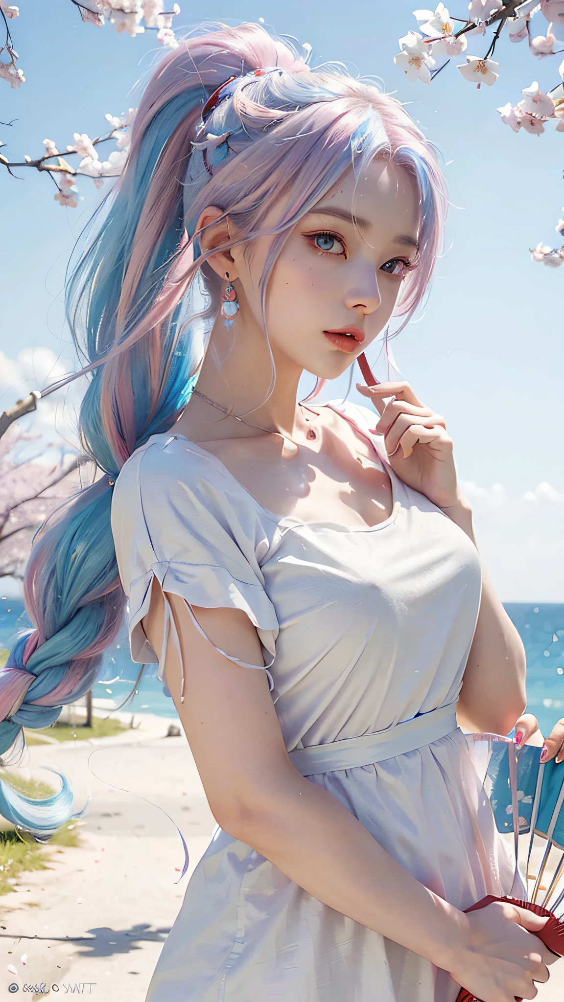Anime girl with white hair and blue eyes holding a red umbrella, white-haired god, Kusat Krenz key art feminization, Onmyoji detailed art, Onmyoji portrait, Best anime 4K Konachan wallpaper, detailed digital anime art, anime goddess, high detail official artwork, detailed anime art, Onmyoji, portrait of female anime hero, chibi style, loli face, high cold beautiful moving, ((((colorful hair))), (((half blue and half pink hair)), (perfect eye painting), bright eyes, Necklace, earrings, delicate mouth, delicate nose, delicate makeup, braid ponytail hair, red lips, (purple eyes). Perfect figure, (streamer girl), yellow t-shirt, delicate tassel, expression, ribbon, shyness, lighting effects, pastel, white background, super clear, hd picture, full body portrait, front, happy, (holding fan), cherry blossom tree,