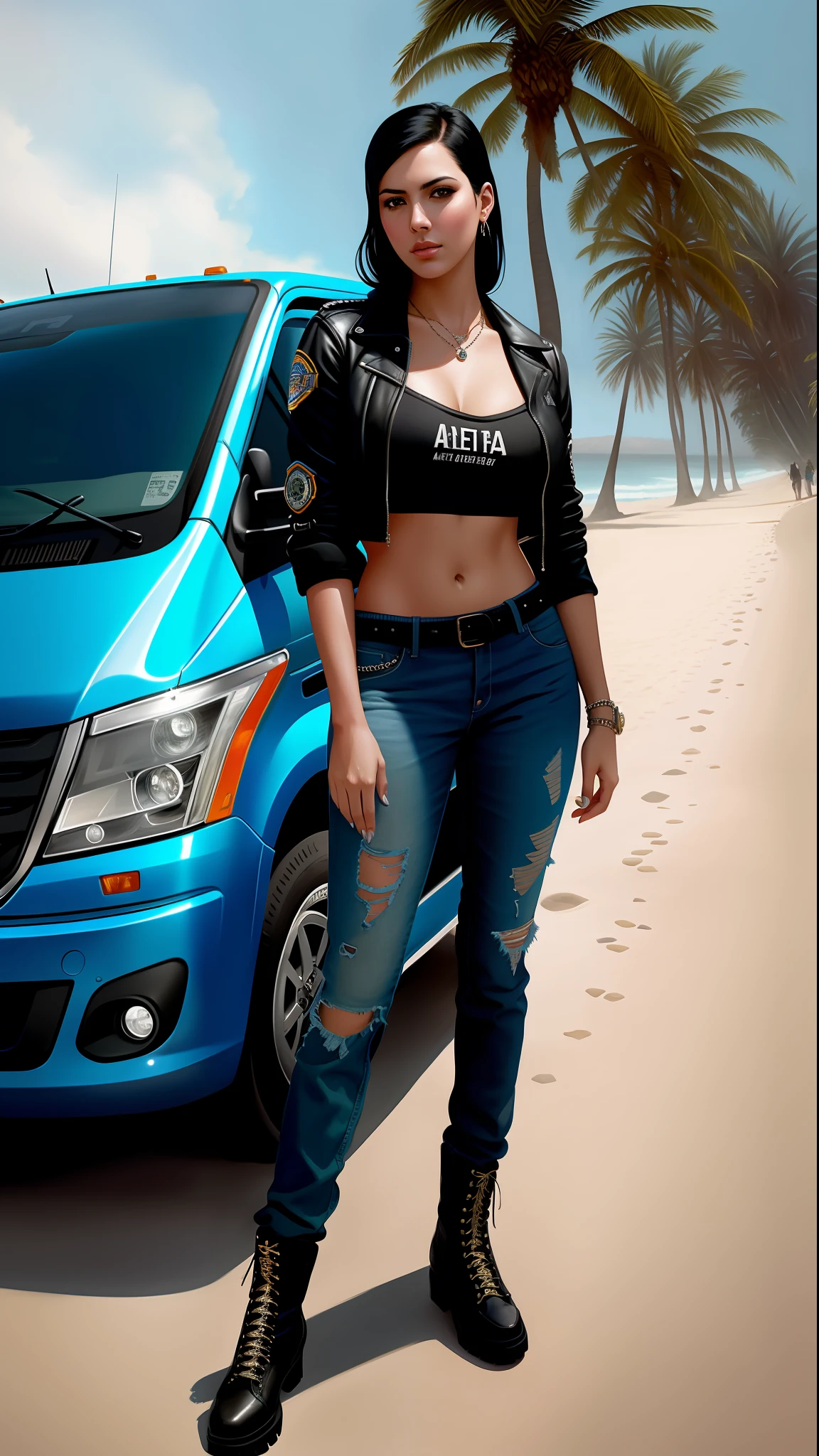 Melissa barrera, the world's most beautiful artwork, featuring a modern punk woman, leaning against a van on a California beach, trending at ArtStation, CGSociety, Intricate, High Detail, Sharp focus, dramatic, photorealistic painting art by greg Rutkowski