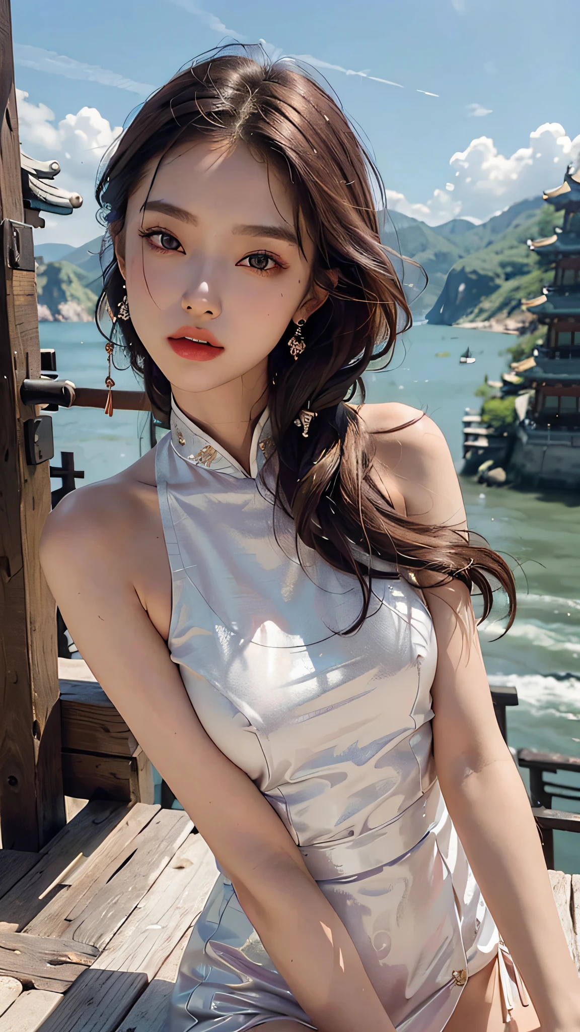 (Best Quality: 1.3, Masterpiece: 1.3), Ultra HD, (1girl, solo), atmospheric perspective, fine face, upper body, makeup, pink lips, cleft lips, shiny skin, (brown hair), extra long hair, looking in front of the audience, red eyes, earrings, small breasts, slim figure, (white silk), (((East Asian architecture, riverside, beautiful background))), perfect lighting, (frontal lighting), physical base rendering,