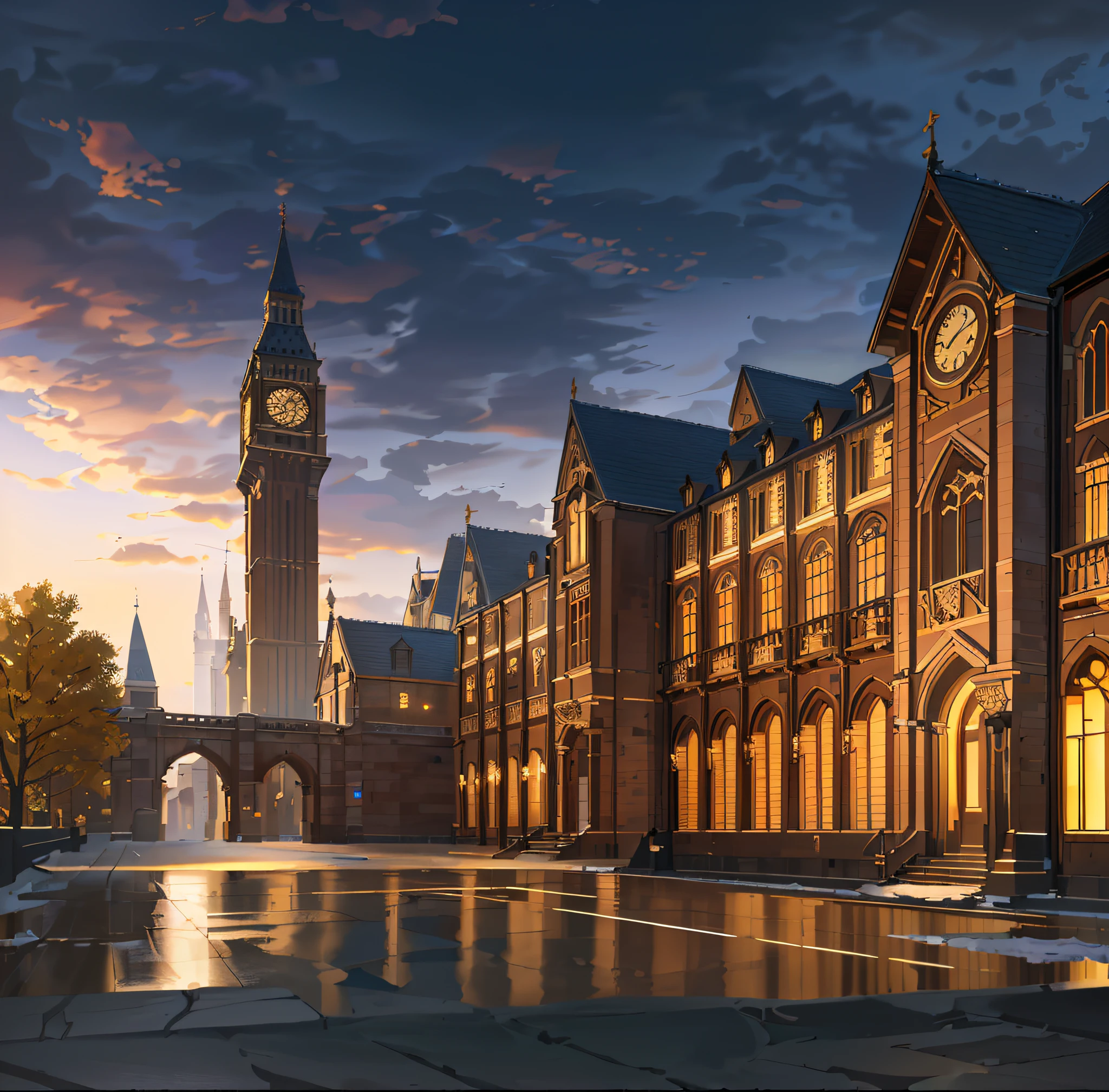 Overall view, cobblestone, an image of a old building with a clock tower in the middle, in the style of speedpainting, elegant cityscapes, manga-inspired, light bronze and dark amber, northwest school, majestic ports, volumetric lighting, (illustration: 1.0), window detail correction and enhancement, magnificent composition, detail enhancement, detail enhancement. Realistic lighting, HD detail, masterpiece, highest quality, (highly detailed CG Unity 8k wallpaper), (highest quality)