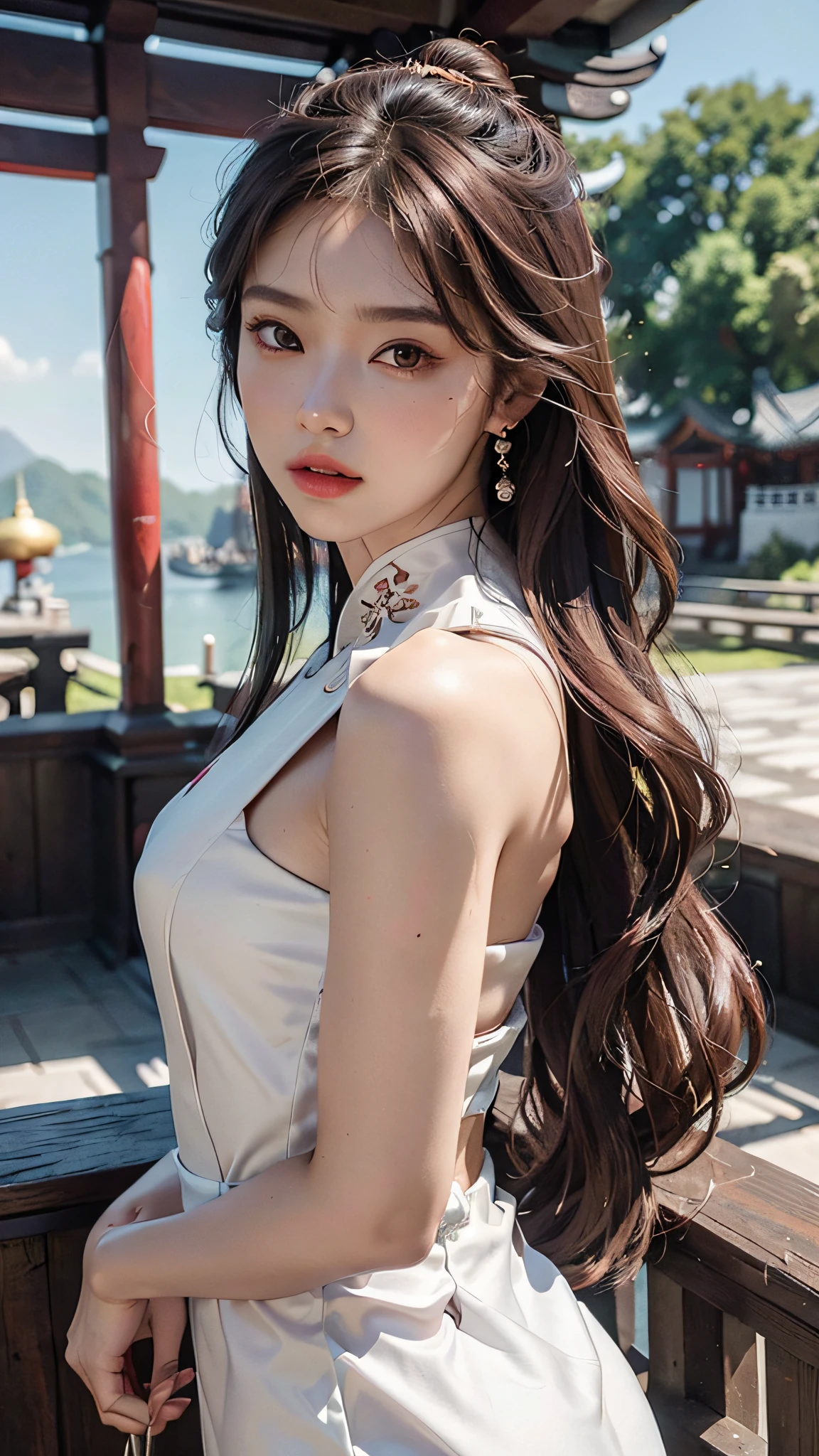 (Best Quality: 1.3, Masterpiece: 1.3), Ultra HD, (1girl, solo), atmospheric perspective, fine face, upper body, makeup, pink lips, cleft lips, shiny skin, (brown hair), extra long hair, looking in front of the audience, red eyes, earrings, small breasts, slim figure, (white silk), (((East Asian architecture, riverside, beautiful background))), perfect lighting, (frontal lighting), physical base rendering,