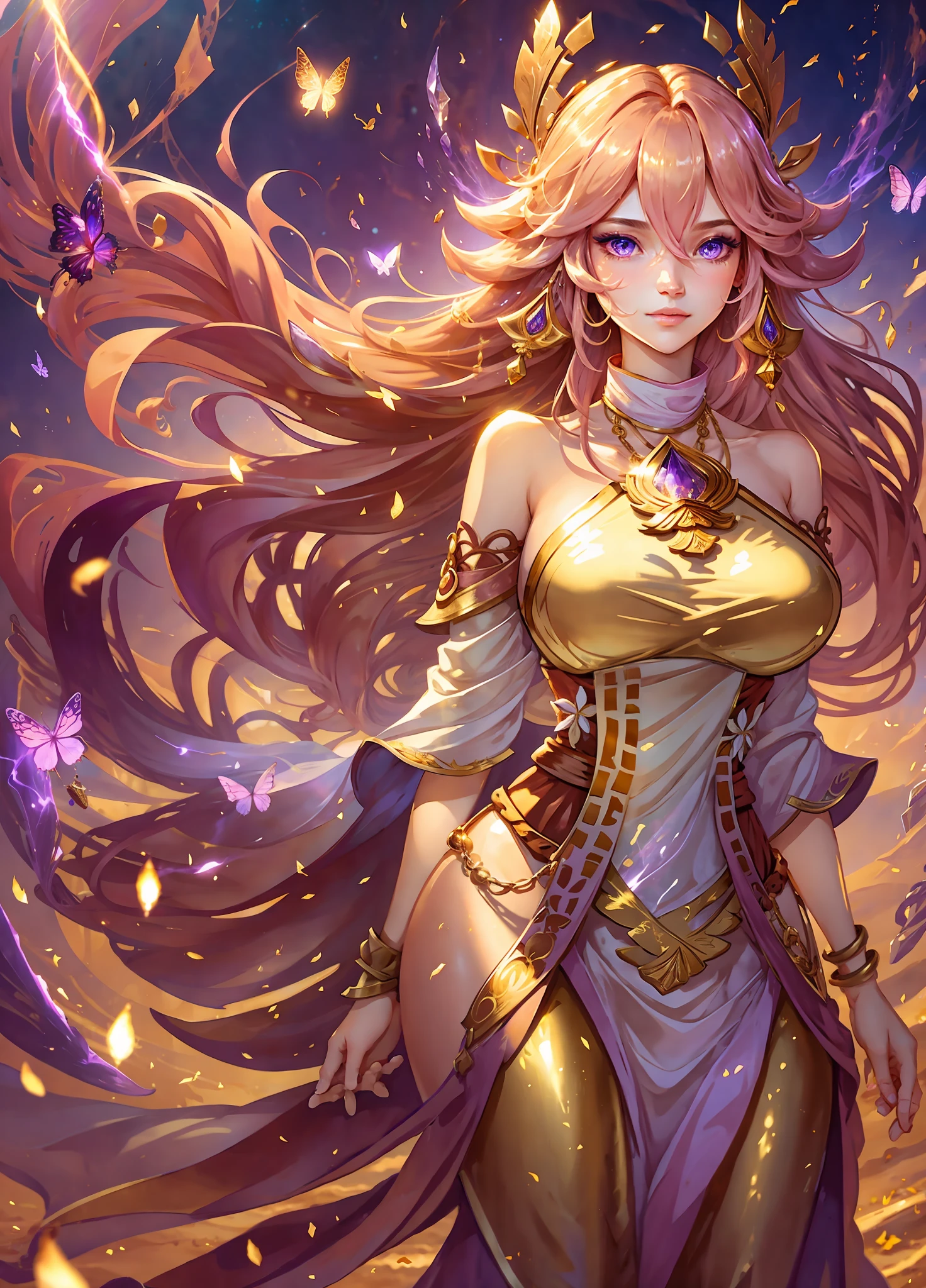 full shot body photo, illustration, cinematic light, fantasy, highest quality, ultra-detailed,  best quality, masterpiece, (detailed face), tall and mature woman, a tall dress covered full body made of gold coins chained together , golden pants, trendy golden sunglasses, glowing flowing sand, floating ember crystals, golden hair jewelry, the metal reflecting sunlight, clear blue sky, desert and ocean in background, long hair, pink hair, yae miko,  purple eyes, glowing butterflies, emitting magic energy, dark, light reflection --s2