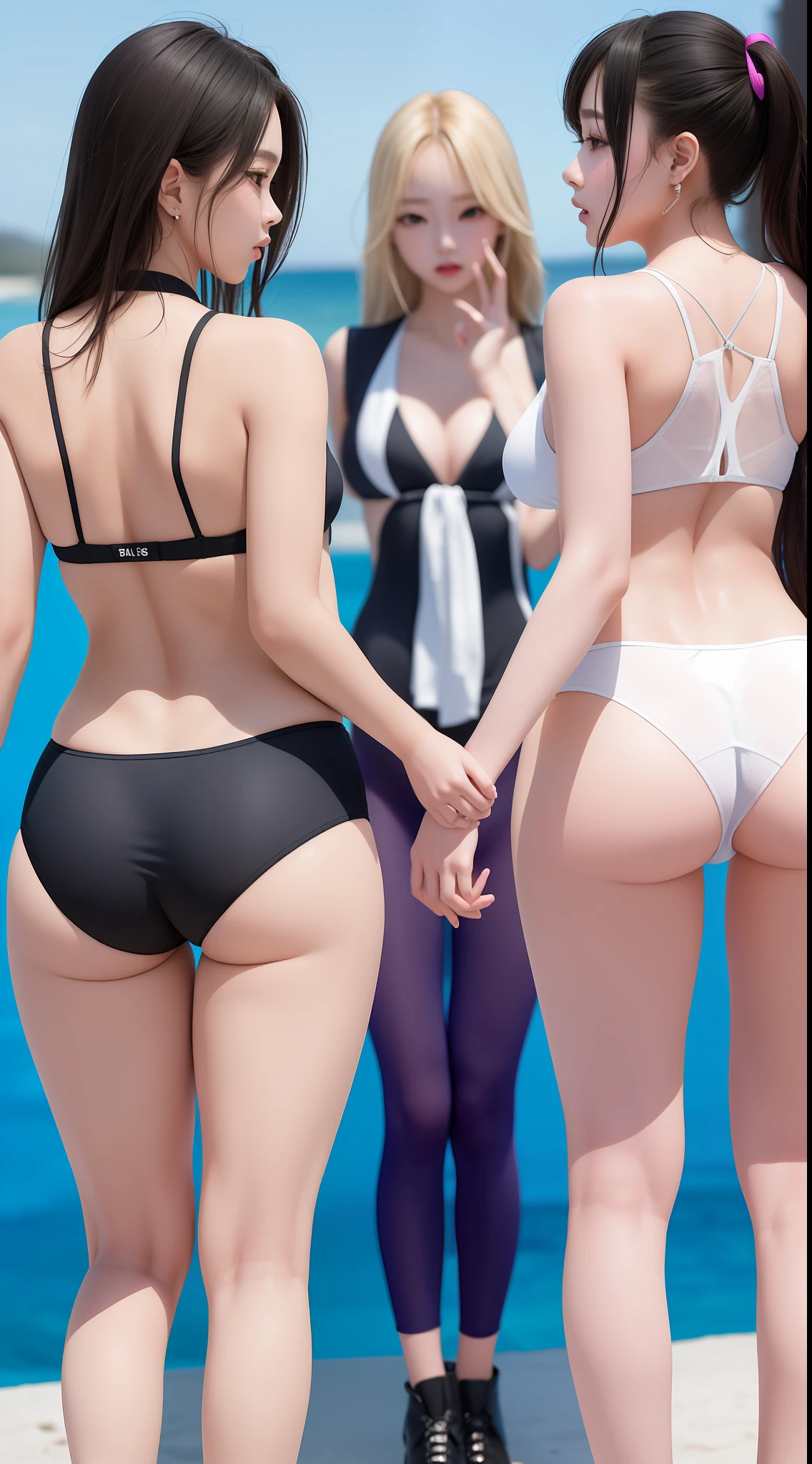 Multiple girls, 5 people, (aligned), side by side, big, from the bottom (masterpiece, high quality: 1.2), kpop, embarrassing look, Korean makeup, micro bikini, colorful swimsuit, provocative ass, see-through 8k real doll, open leg, backward facing