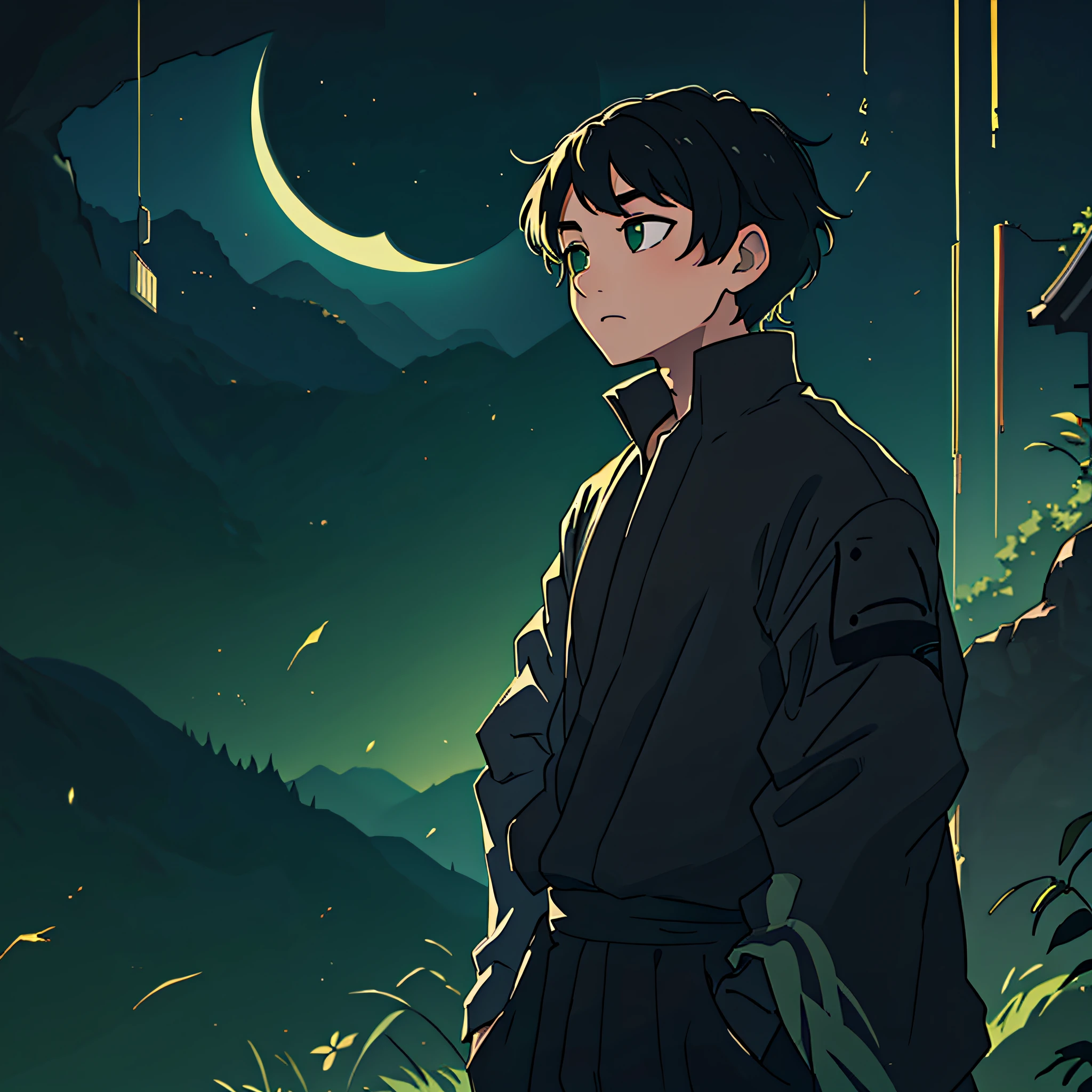 best quality, masterpiece, japanese boy, sleeve stroke, short hair, black hair, dark clothes, dark scenery, background moon, green eyes --auto --s2