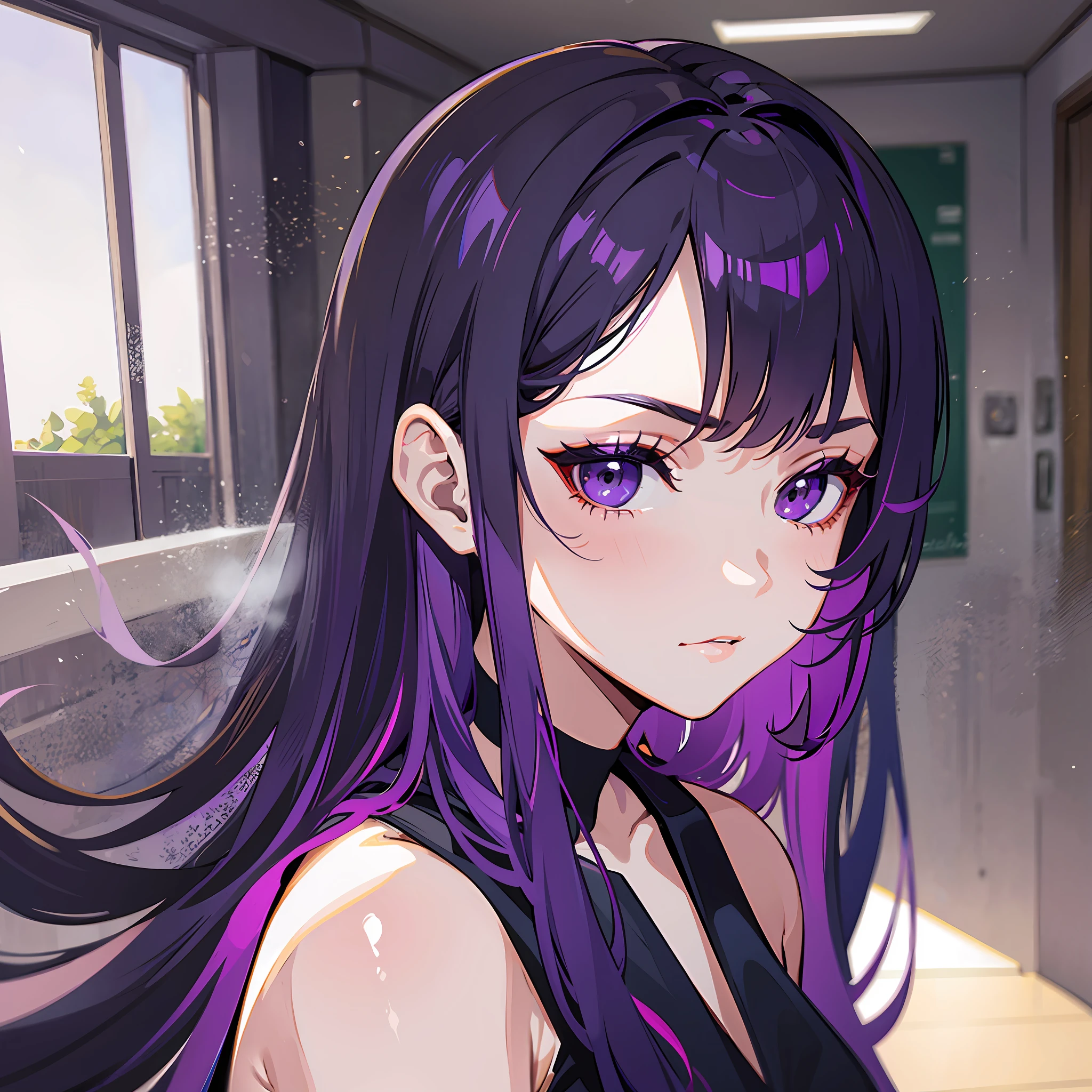 Woman, mysterious, purple hair, black eyes, gloomy look, adult, long dress, inside a school, serious look