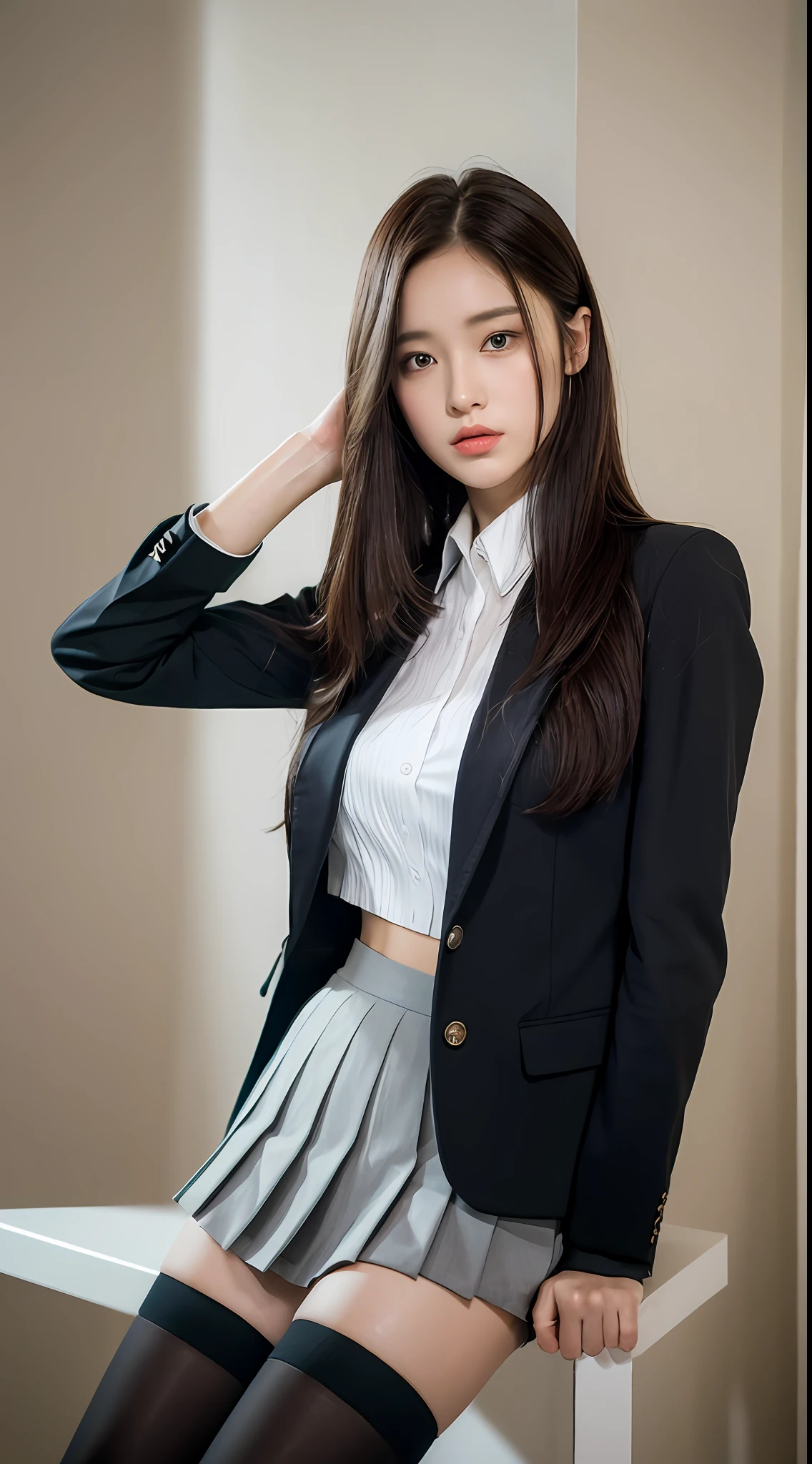 ((Top Quality, 8k, Masterpiece: 1.3)), 1 girl, Beauty with slender abs: 1.3, (Long hair, big: 1.2), Blazer: 1.1, Ultra detailed face, detailed eyes, double eyelids, uniform, pleated skirt, black knee-high socks, navel, school