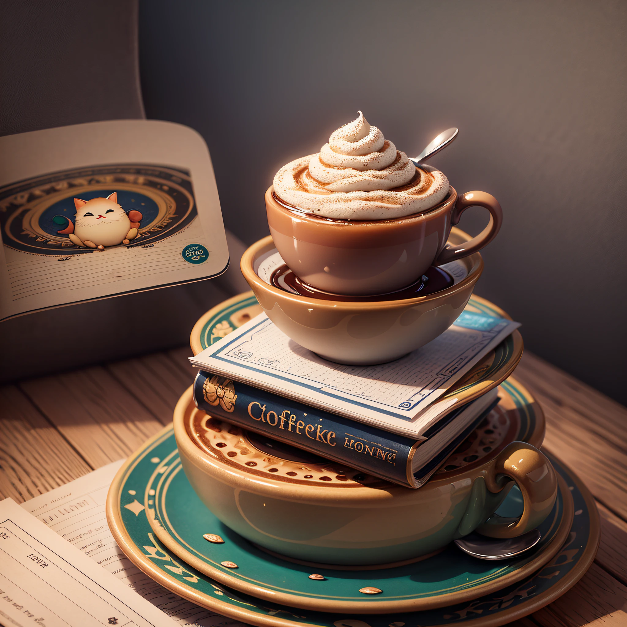 a sticker with a cute storybook stack of books with a cup of coffee sitting next to it --auto --s2