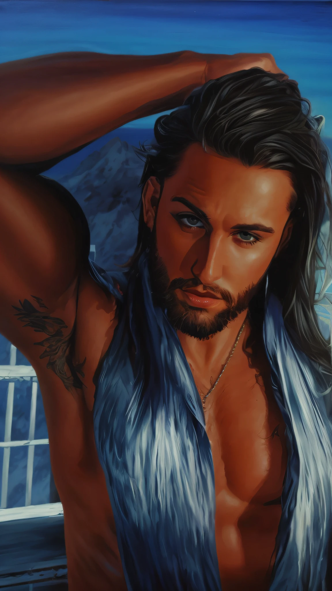 Hyper realistic painting of a chiseled handsome man in the style of Becky Cloonan,, looking at the viewer, full body, dramatic lighting, tumblr, fantasy art, very masculine, strong and handsome, luminous sky, ocean view