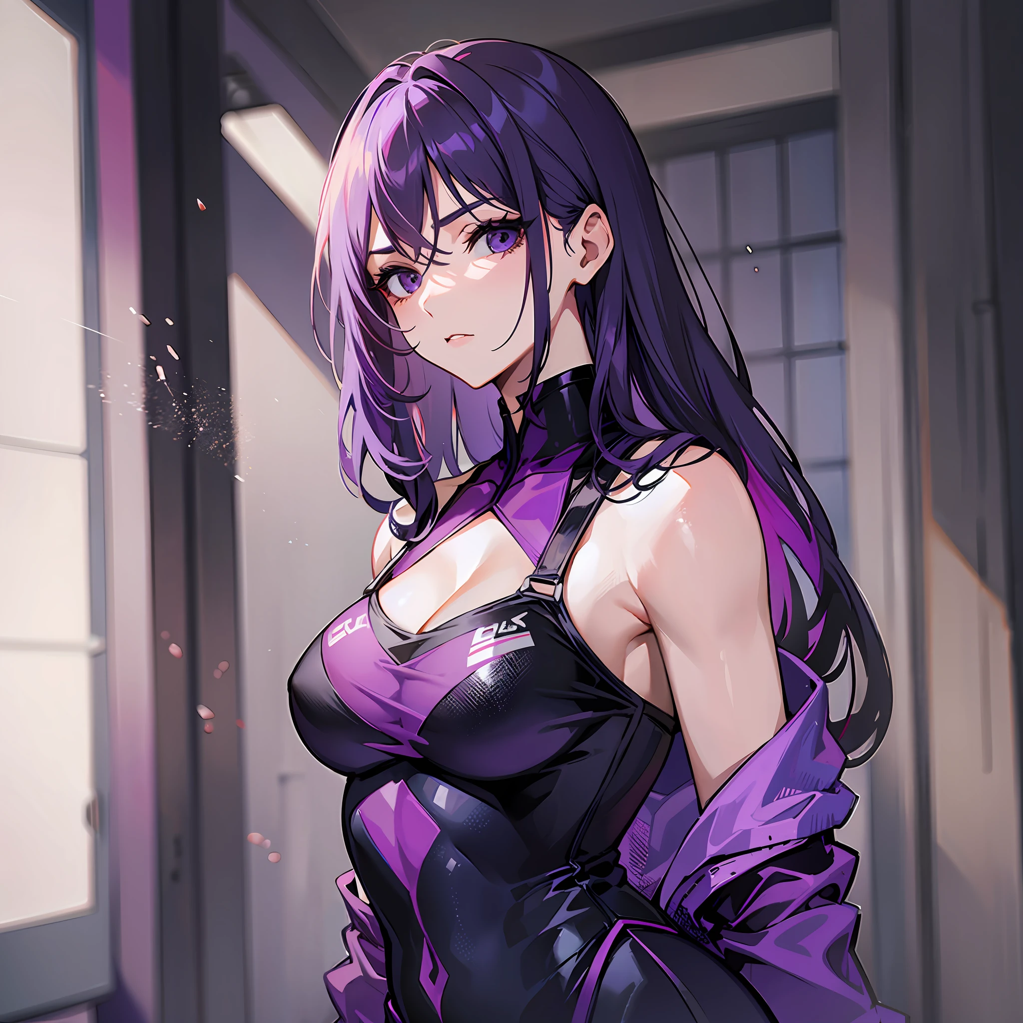 Woman, mysterious, purple hair, black eyes, gloomy look, adult, long dress, inside a school, serious look, athletic body