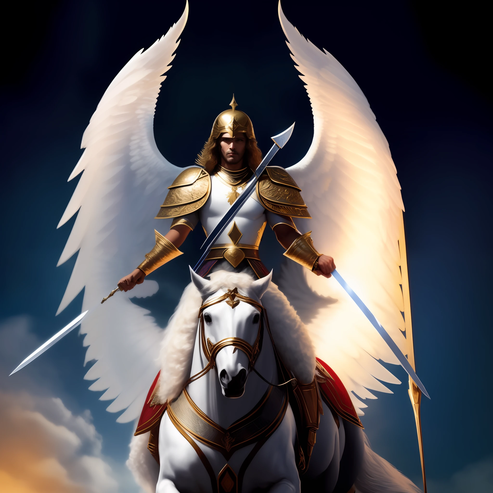 there is a man riding a horse with a sword and armor on, archangel michael, archangel, saint michael the angel, angel in plastic armor, wearing winged helmet, angelic golden armor, angel protecting man, angel, biblical accurate angel, fantasy art behance, by Adam Marczyński, holy armor, michael cheval (unreal engine, pegasus
