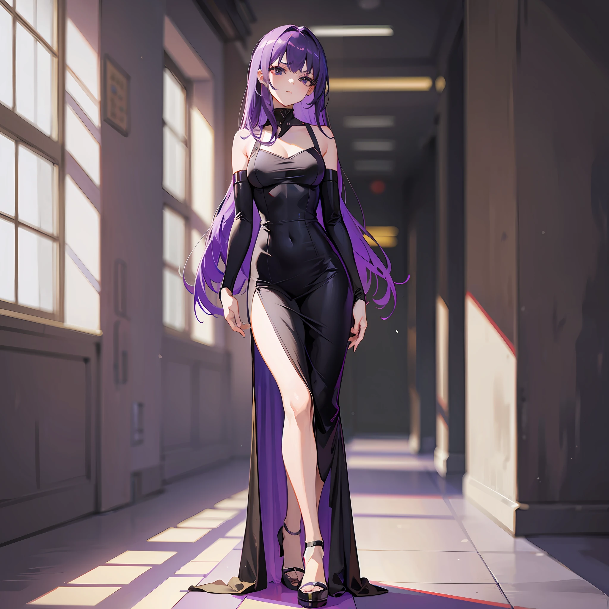 Woman, mysterious, purple hair, black eyes, gloomy look, adult, long dress, inside a school, serious look, athletic body
