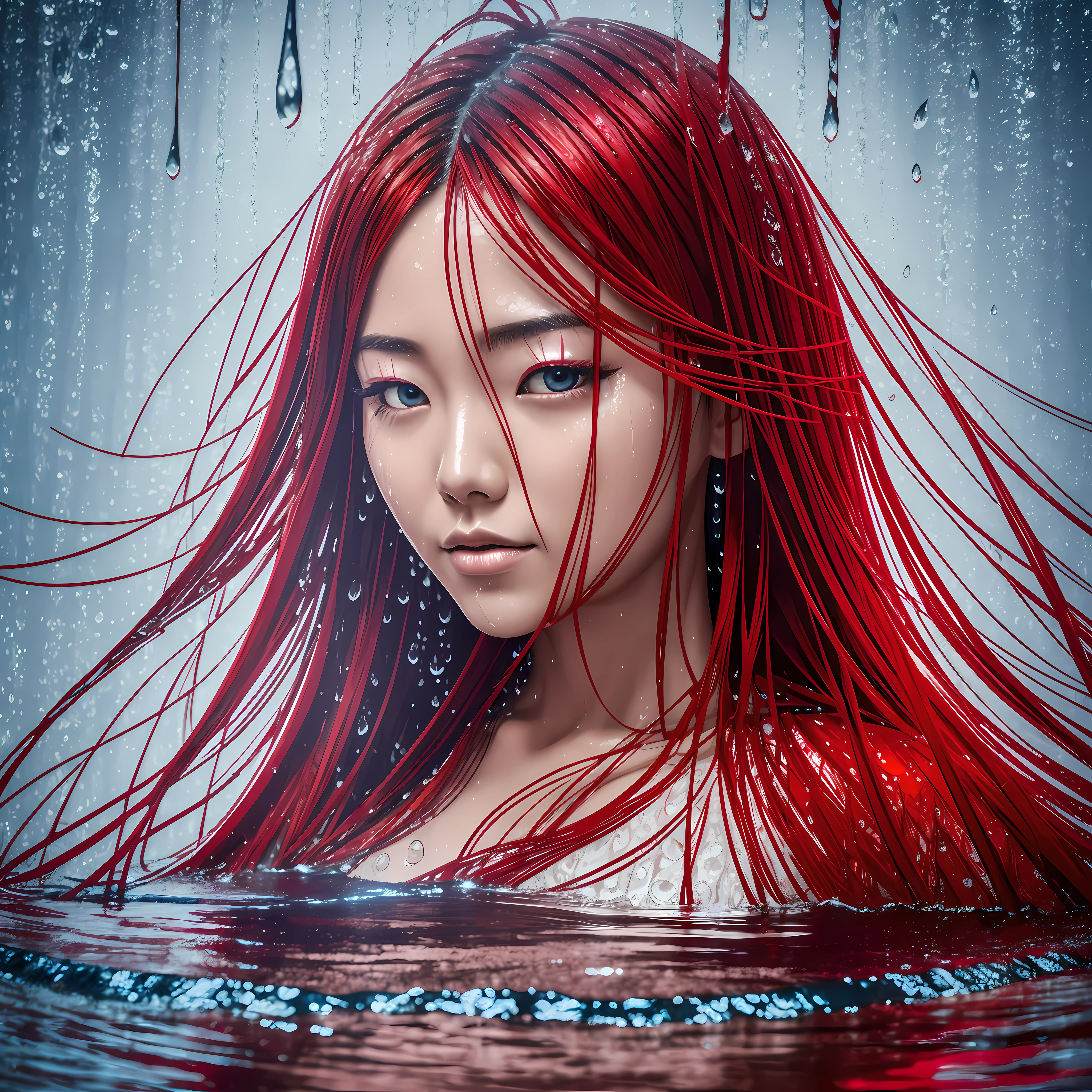a half-body portrait of a Japanese woman made of water, half body submerged in water, in a lake, red hair depicting as waterfall, wet, water drops on face and body, natural body posture, rain, symmetrical, abstract art style, complex and intricate watercolor painting, sharp eyes, digital painting, explosion of colors, conceptual art,  Volumetric lighting, metallic reflections, 2D rendering, 8K,Neon Red Eye --auto --s2