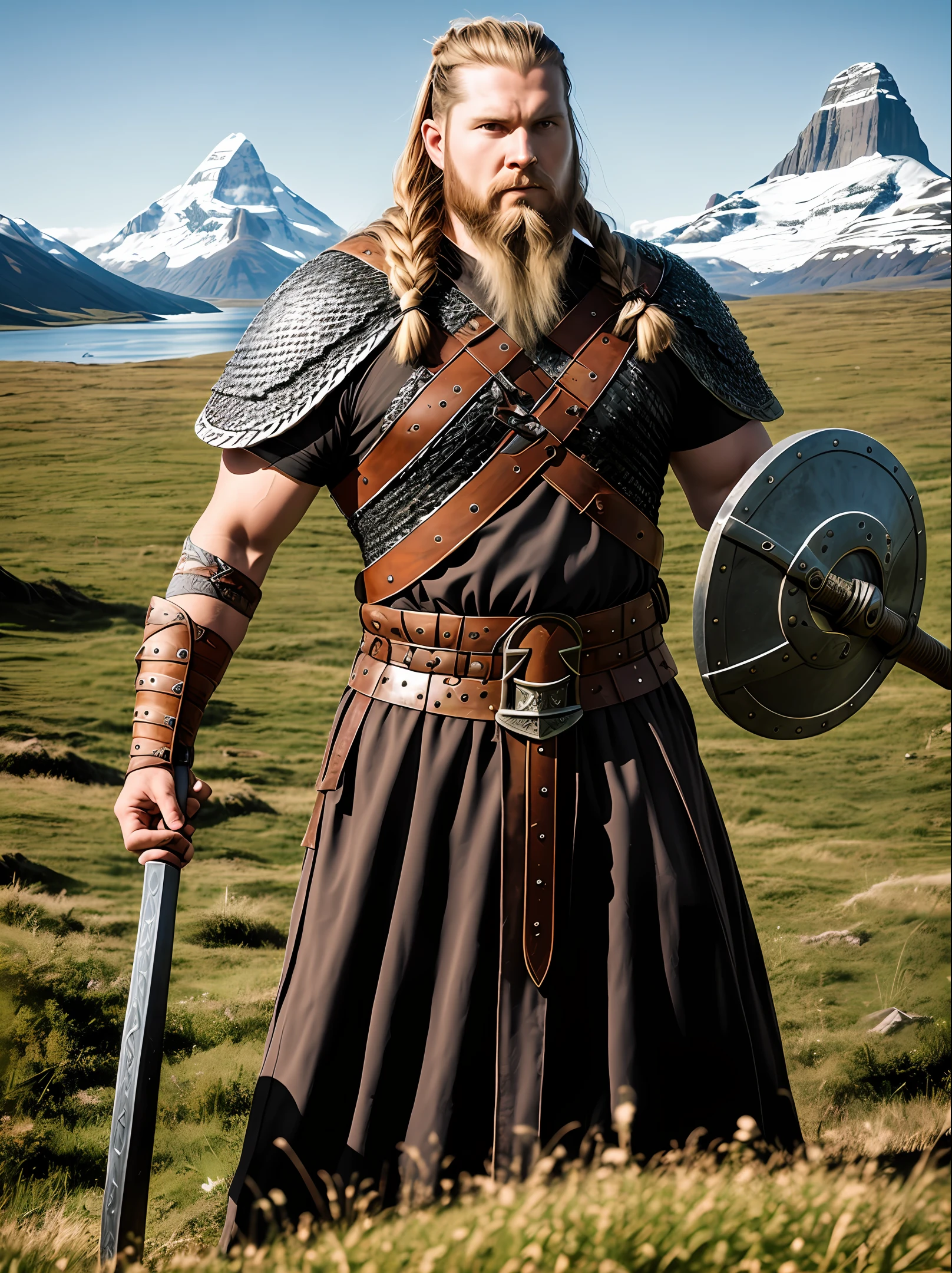 A six-foot-tall Viking warrior, strong, with an axe attached to his belt, and another in one hand, his chest is tattooed, his face has a scar from his forehead to his neck, his look is murderous, his long is braided, his hair is long and brown, he wears chain mail on one arm, This full body, and in the background of the image you can see a lake with Viking vessels and a mountain at the end of the image. There are Norse and Saxon figures