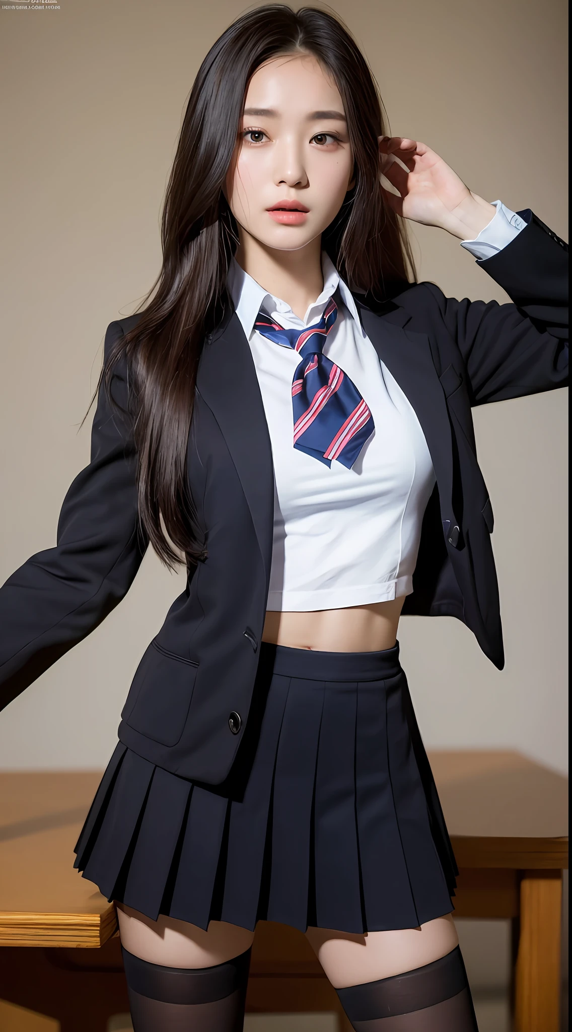 ((Top Quality, 8k, Masterpiece: 1.3)), 1 girl, Beauty with slender abs: 1.3, (Long hair, big: 1.2), Blazer: 1.1, Ultra detailed face, detailed eyes, double eyelids, uniform, pleated skirt, black knee-high socks, navel, school