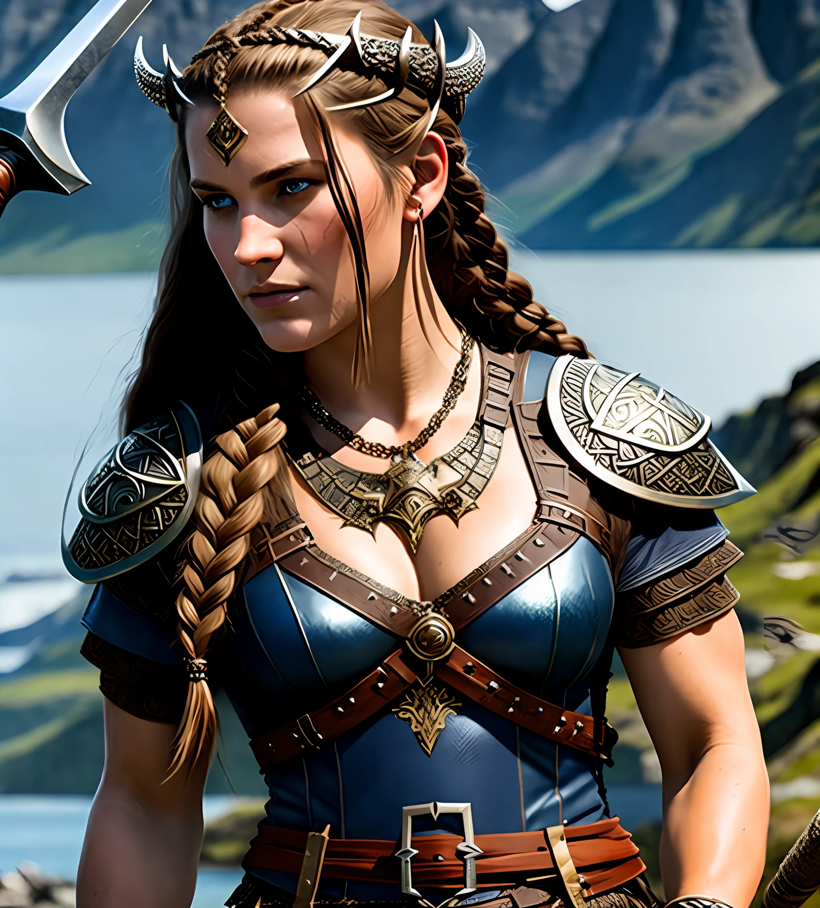 A six-foot-tall Viking warrior, strong, the very lady of the shield with an axe attached to her belt, and another in one hand, her chest is tattooed, her face has a scar from the forehead to the neck, her look is murderous, her long is braided, her hair is long and brown,  He wears a chain mail on one of the arms, this one full body, and in the background of the image to see a lake with Viking vessels and a mountain at the end of the image. There are Norse and Saxon figures