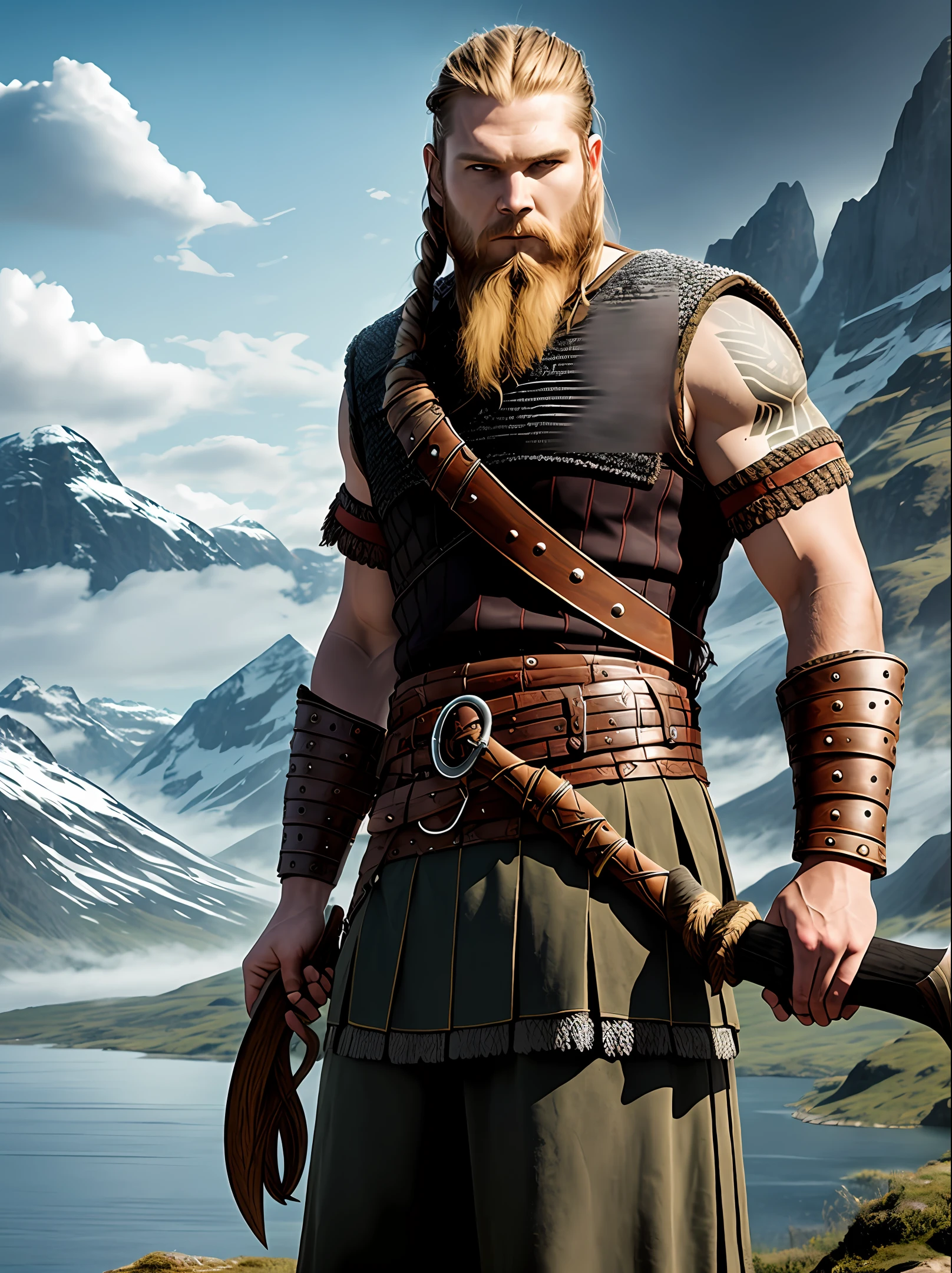 A six-foot-tall Viking warrior, strong, with an axe attached to his belt, and another in one hand, his chest is tattooed, his face has a scar from his forehead to his neck, his look is murderous, his long is braided, his hair is long and brown, he wears chain mail on one arm, This full body, and in the background of the image you can see a lake with Viking vessels and a mountain at the end of the image. There are Norse and Saxon figures