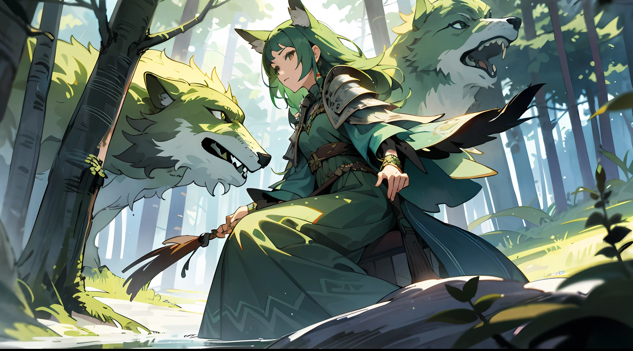 a woman shaman, leaves wildly hair, green armor dress, surrounded by wolves, in a forest, faeries and magic elements