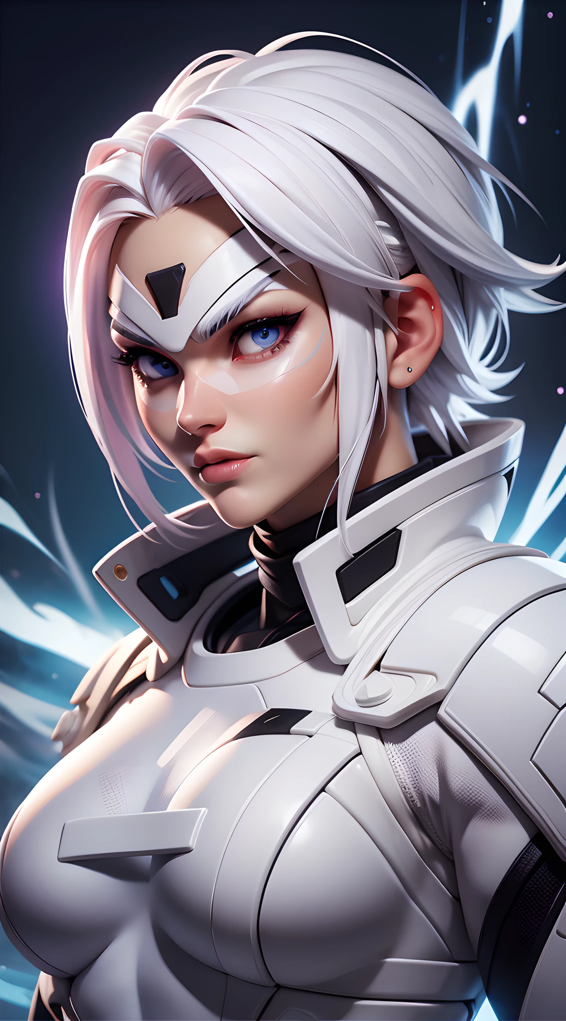 ninja, white ninja suit, pretty face, serious face, white hair, white eyebrows, cosmic eyes, lightning effect background, perfect body, fit body, big breasts, muscular, black mouth mask, bokeh, UHD, side lighting,