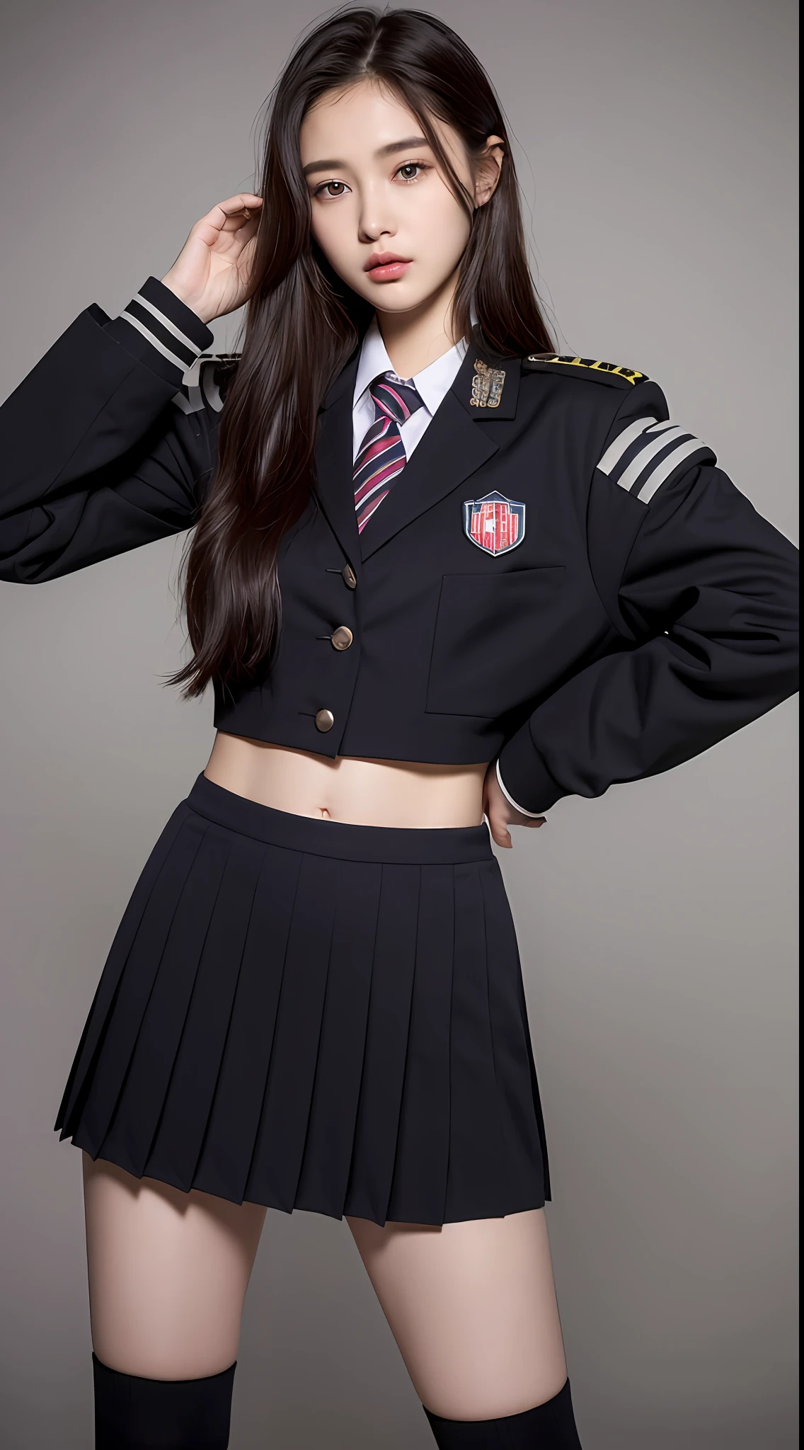 ((Top Quality, 8k, Masterpiece: 1.3)), 1 girl, Beauty with slender abs: 1.3, (Long hair, big: 1.2), Jacket: 1.1, Ultra detailed face, detailed eyes, double eyelids, uniform, pleated skirt, black knee-high socks, navel