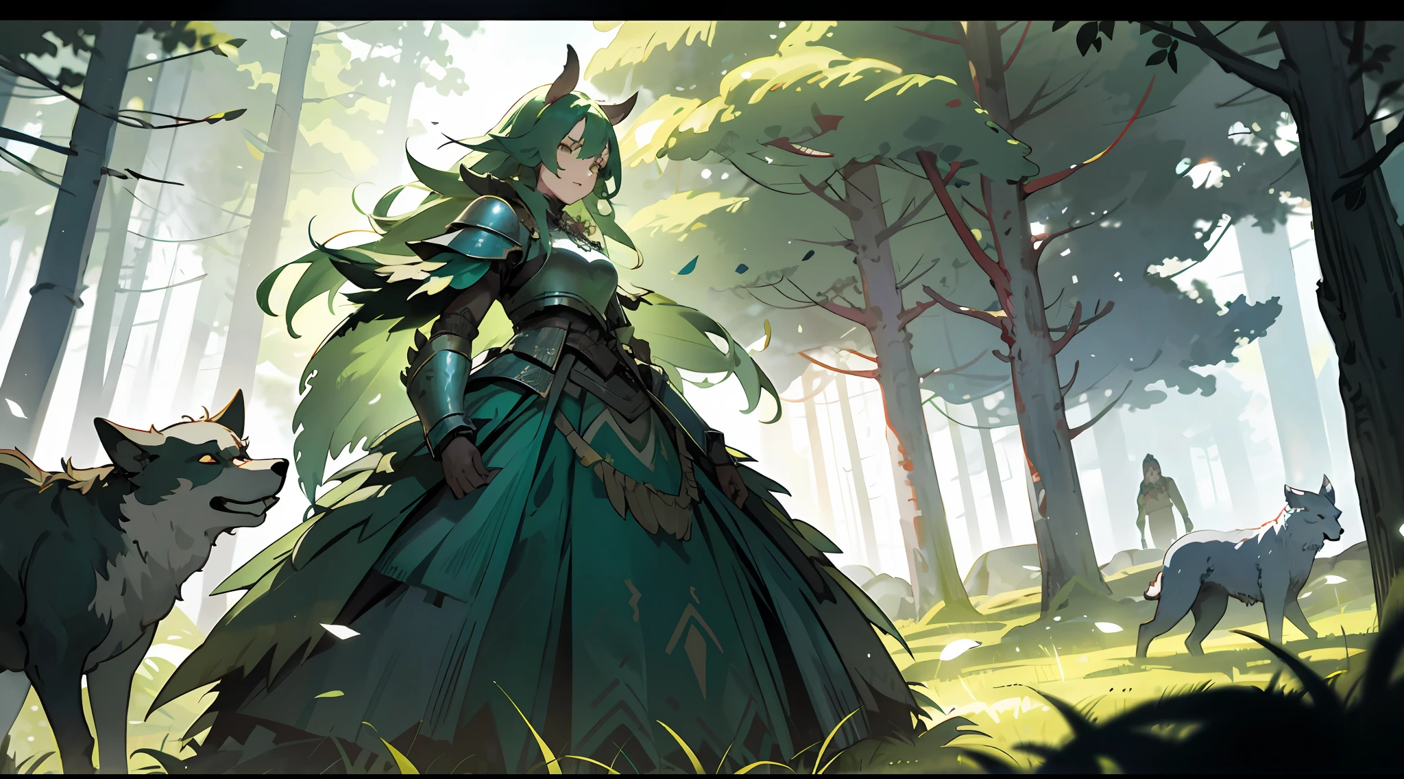 a woman shaman, leaves wildly hair, green armor dress, surrounded by wolves, in a forest, faeries and magic elements