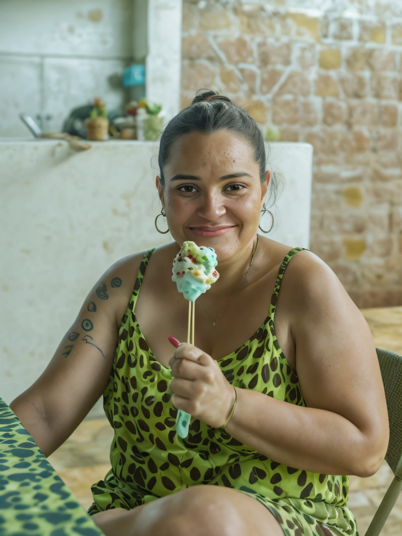 there is a woman sitting at a table eating a dessert, eating ice cream, eating ice - cream, 30-year-old woman from cuba, ice cream on the side, eating a donut, ice cream, magali, eating, malika favre, yummy, ready to eat, lara croft eating durian, ice cream cone, by Amelia Peláez
