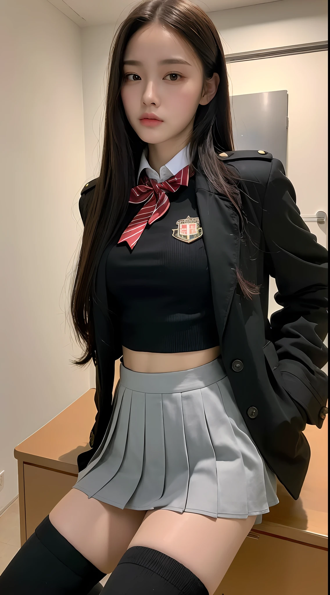((Top Quality, 8k, Masterpiece: 1.3)), 1 girl, Beauty with slender abs: 1.3, (Long hair, big: 1.2), Jacket: 1.1, Ultra detailed face, detailed eyes, double eyelids, uniform, pleated skirt, black knee-high socks, navel